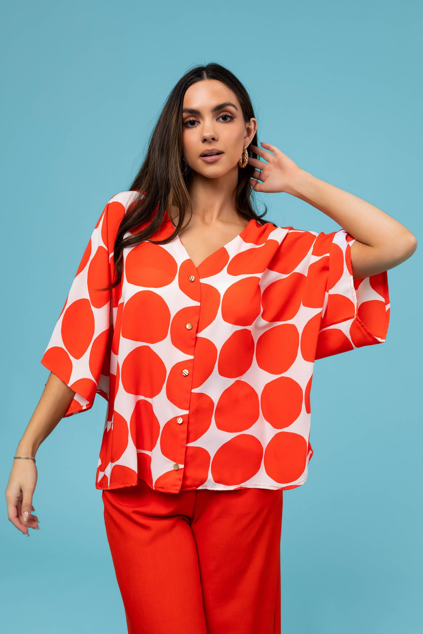 Fire Dot Print V Neck Oversized Blouse