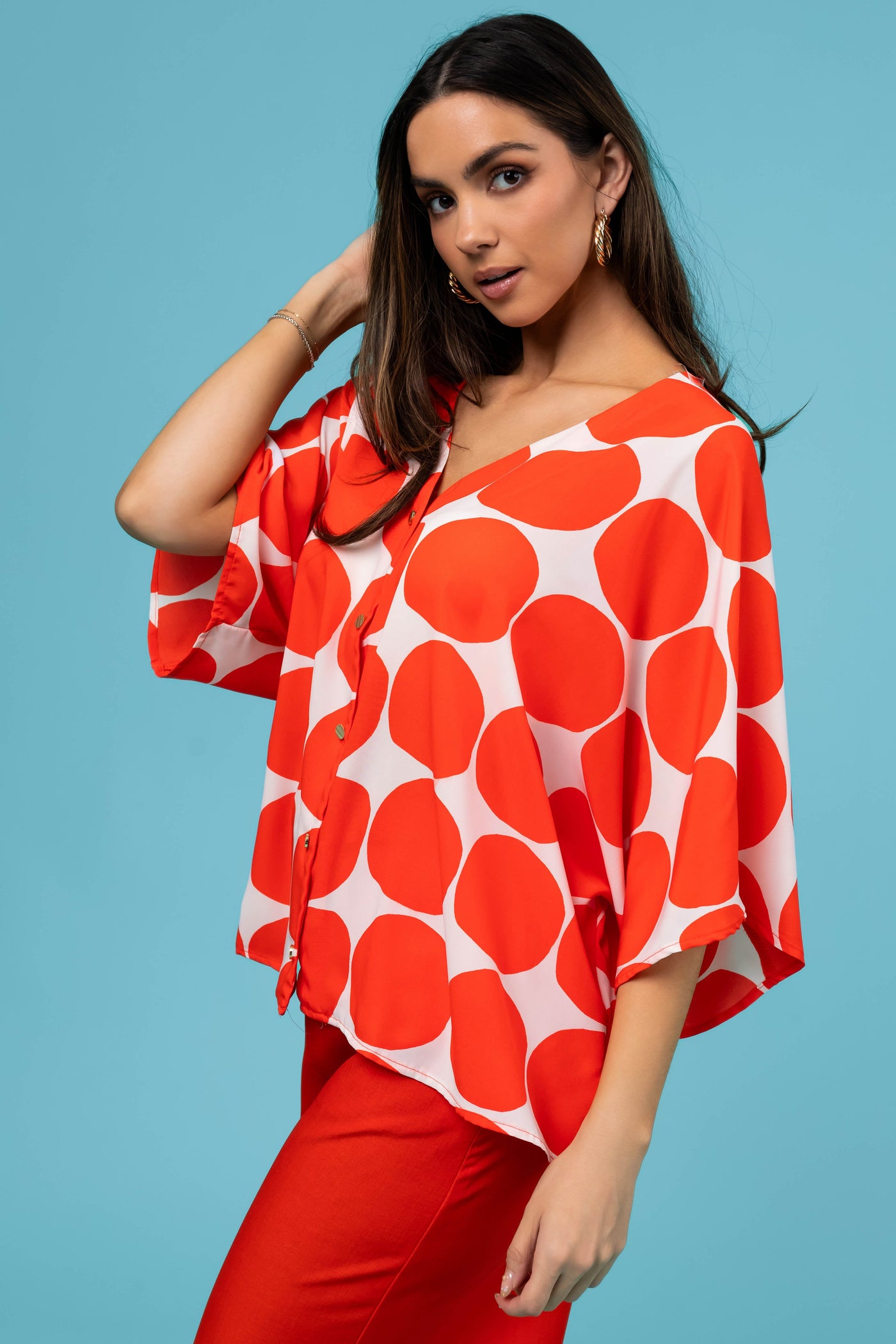 Fire Dot Print V Neck Oversized Blouse