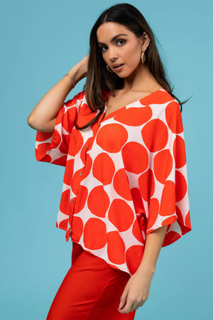 Fire Dot Print V Neck Oversized Blouse