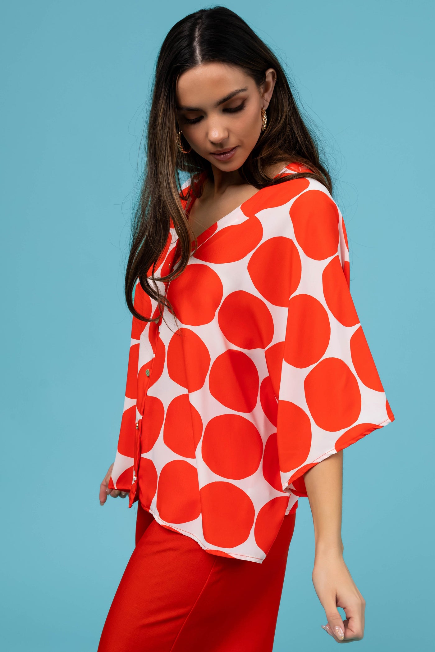 Fire Dot Print V Neck Oversized Blouse