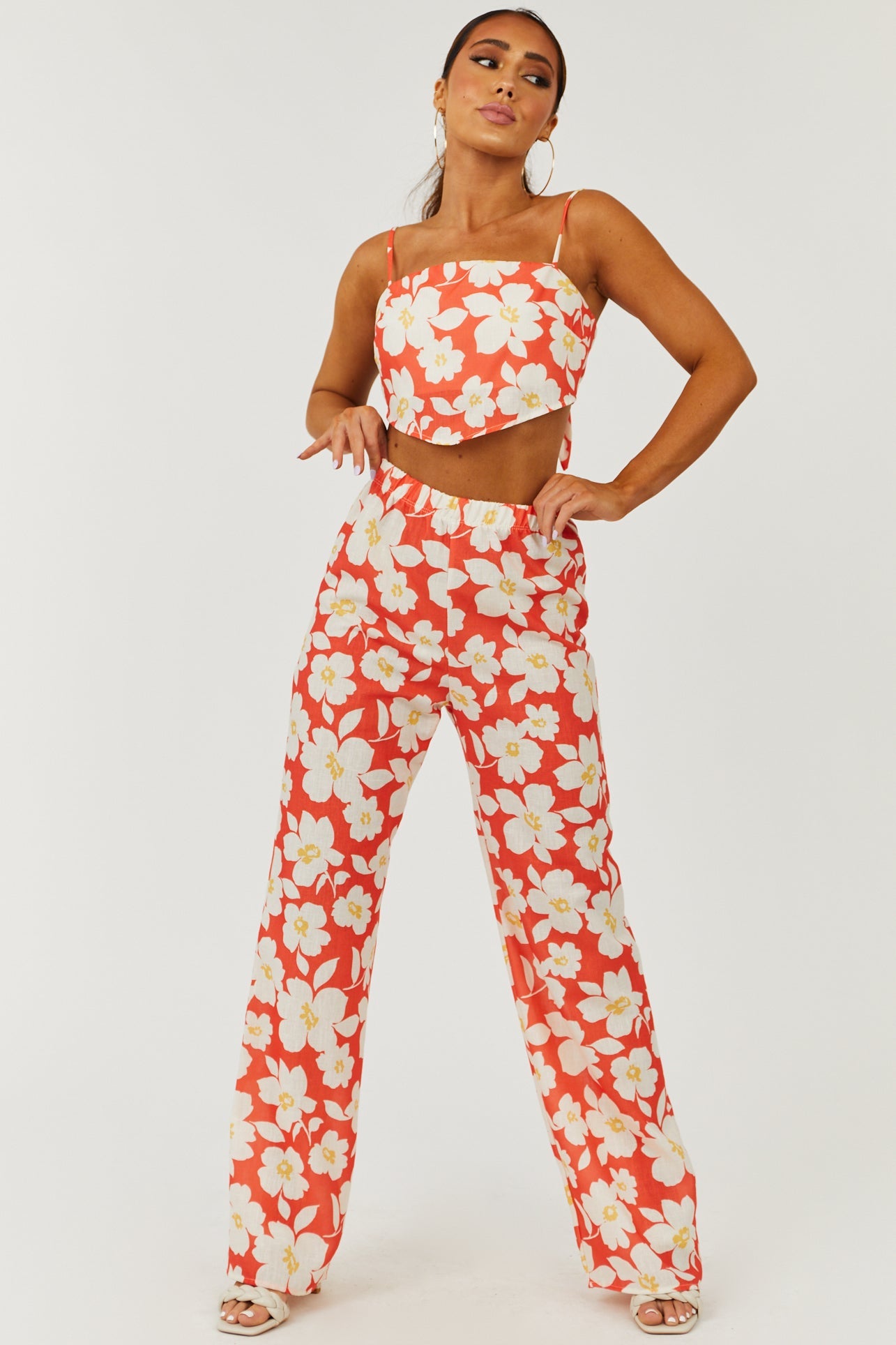 Fire Floral Print Crop Top and Pants Set
