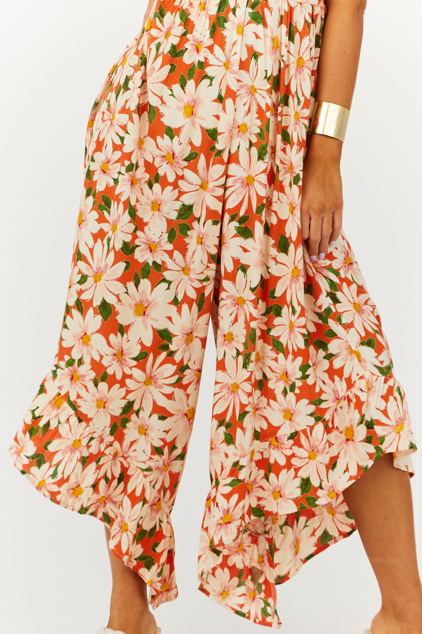 Fire Floral Print Sleeveless Angled Leg Jumpsuit