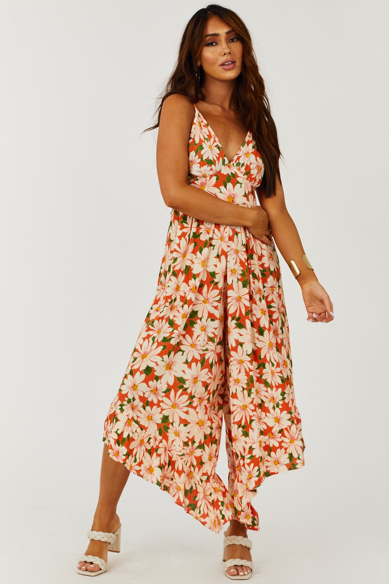 Fire Floral Print Sleeveless Angled Leg Jumpsuit