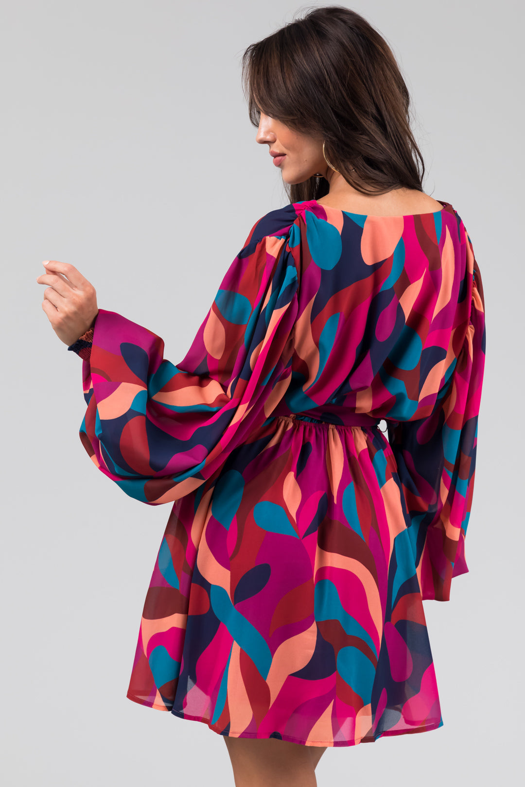 Flying Tomato Berry Abstract Print Mini Dress with Waist Tie