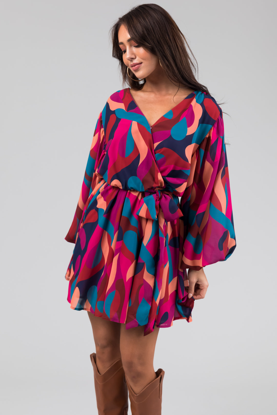 Flying Tomato Berry Abstract Print Mini Dress with Waist Tie