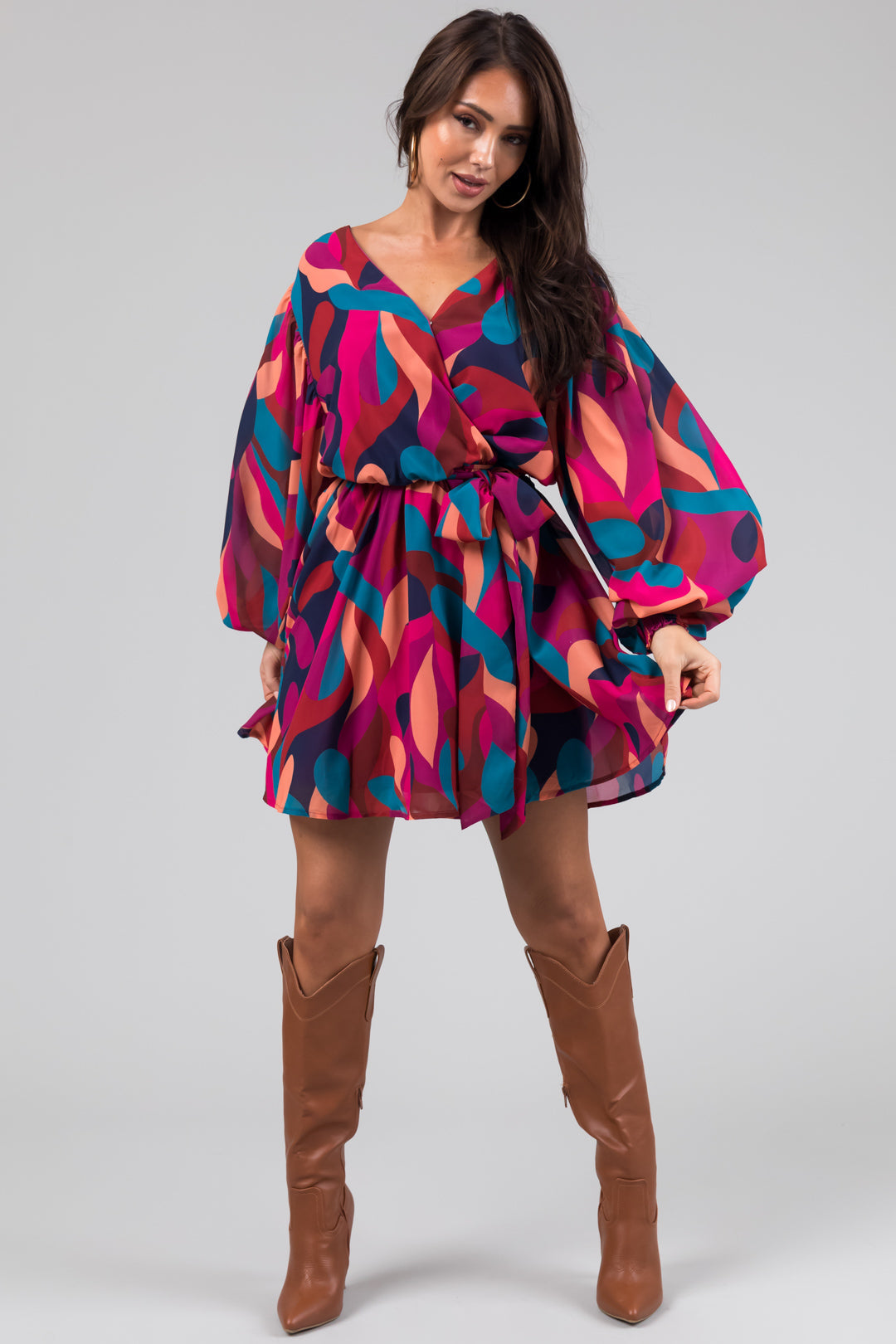 Flying Tomato Berry Abstract Print Mini Dress with Waist Tie