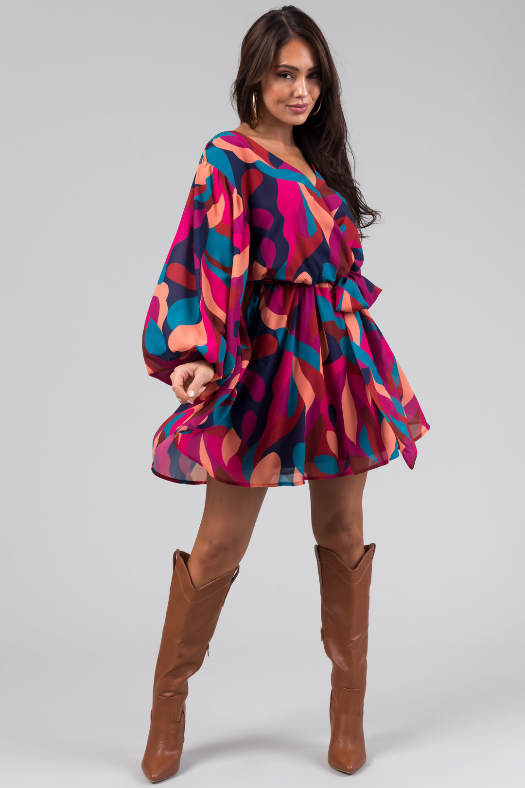 Flying Tomato Berry Abstract Print Mini Dress with Waist Tie
