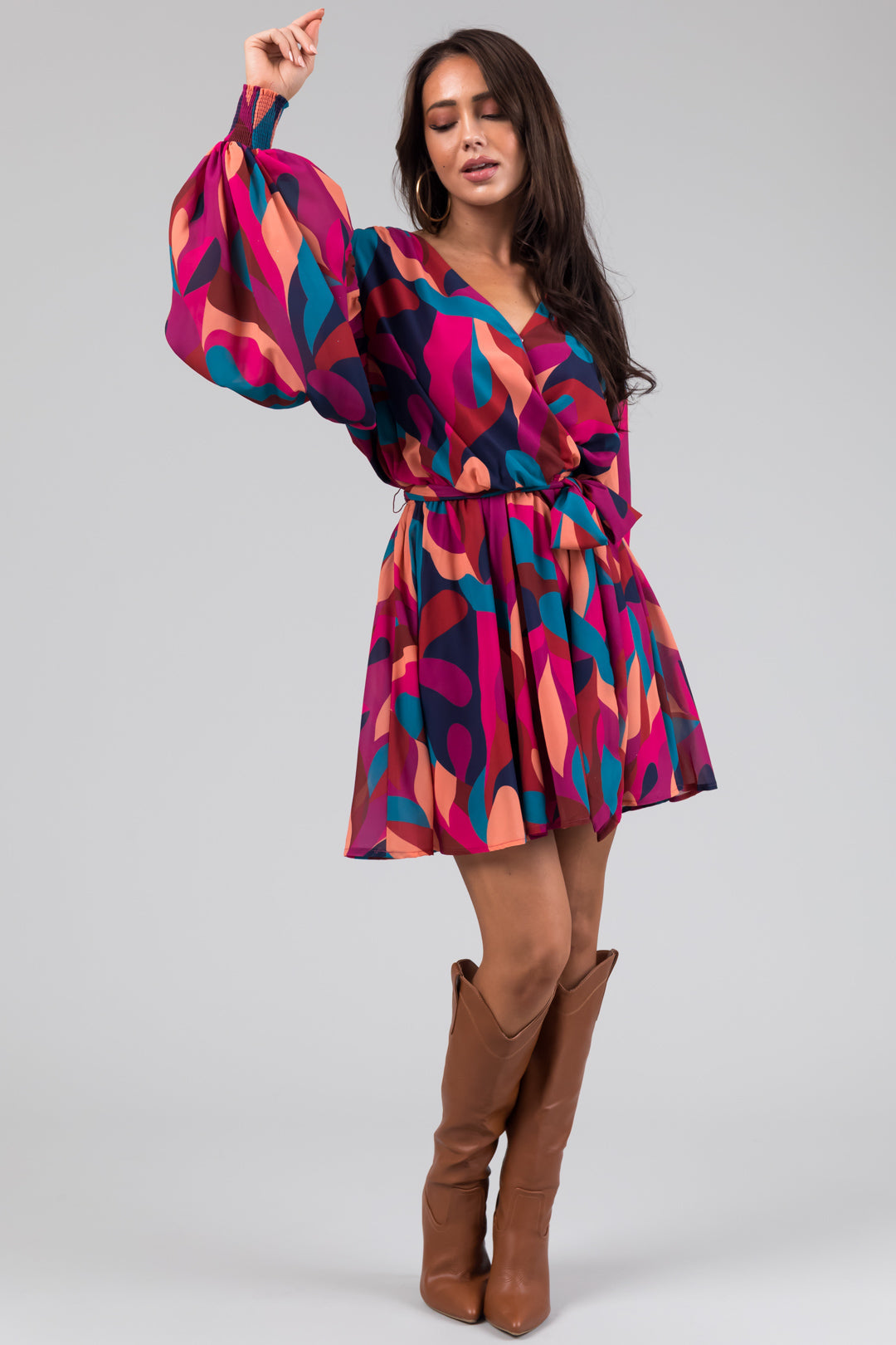Flying Tomato Berry Abstract Print Mini Dress with Waist Tie