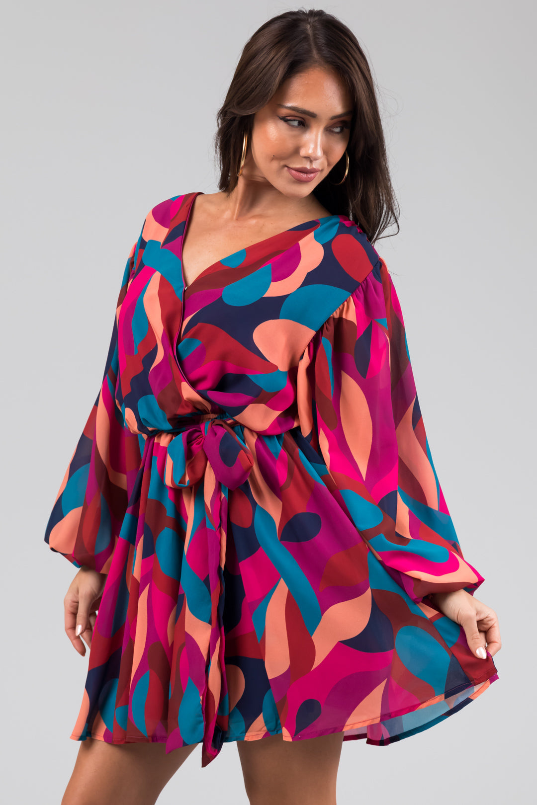 Flying Tomato Berry Abstract Print Mini Dress with Waist Tie