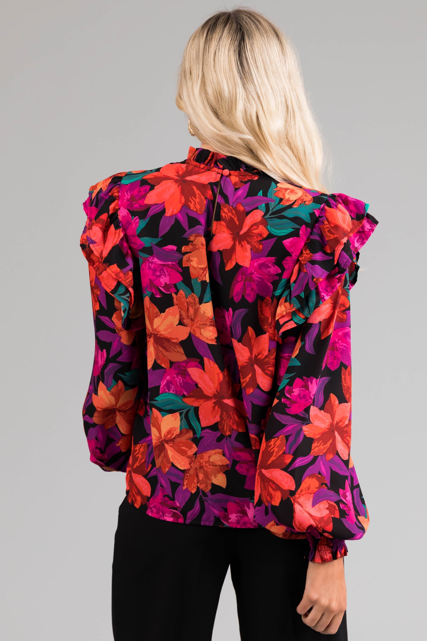 Flying Tomato Black Floral Print Ruffle Top