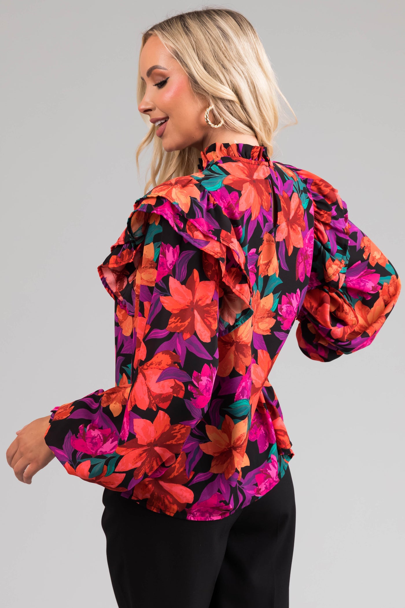 Flying Tomato Black Floral Print Ruffle Top
