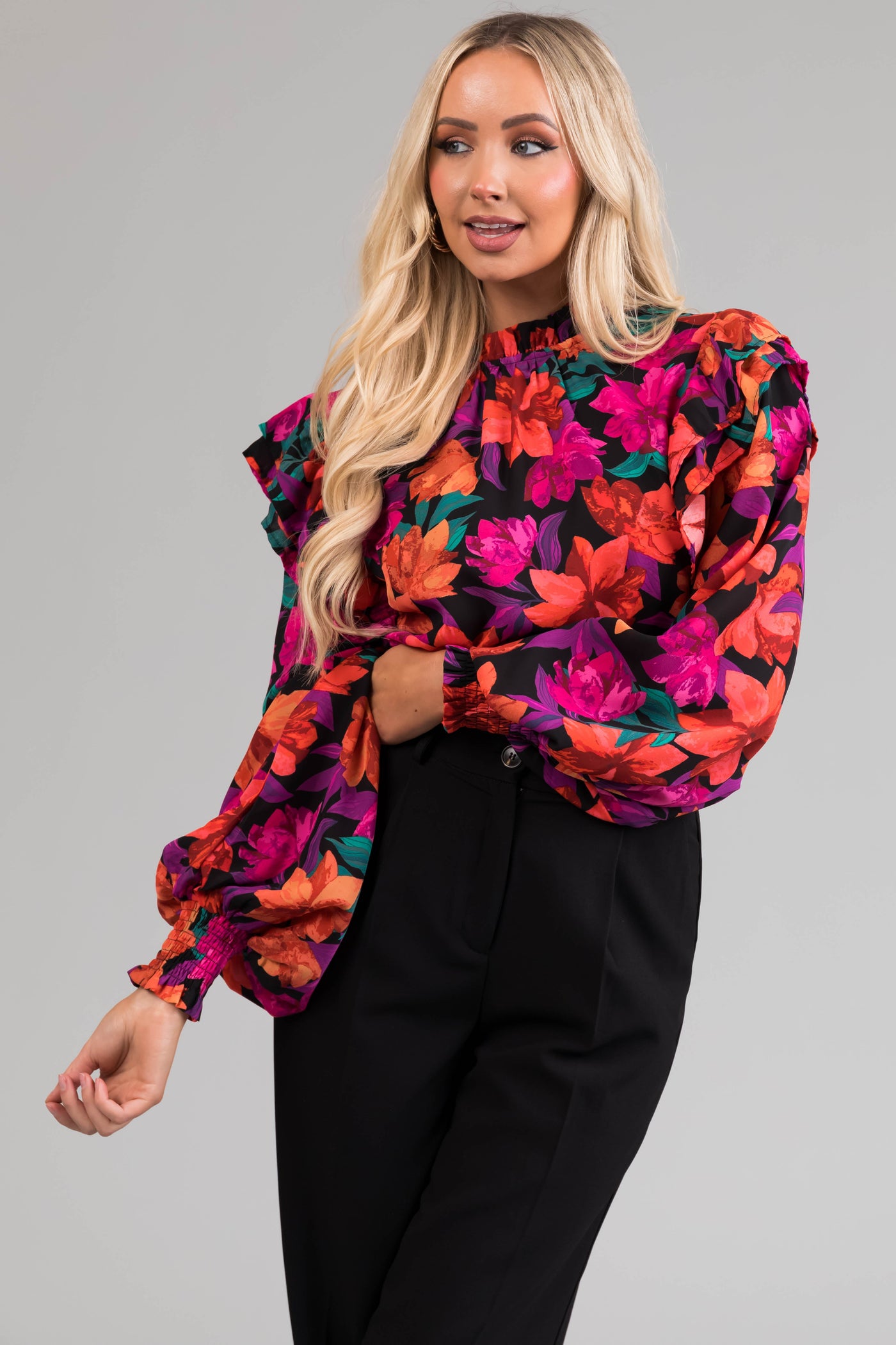 Flying Tomato Black Floral Print Ruffle Top