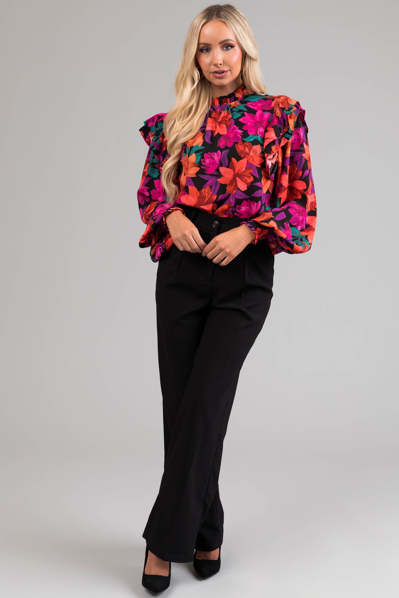 Flying Tomato Black Floral Print Ruffle Top