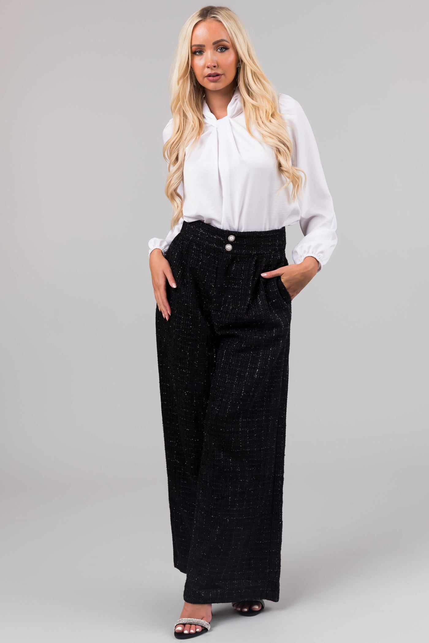Flying Tomato Black Wide Leg Tweed Pants