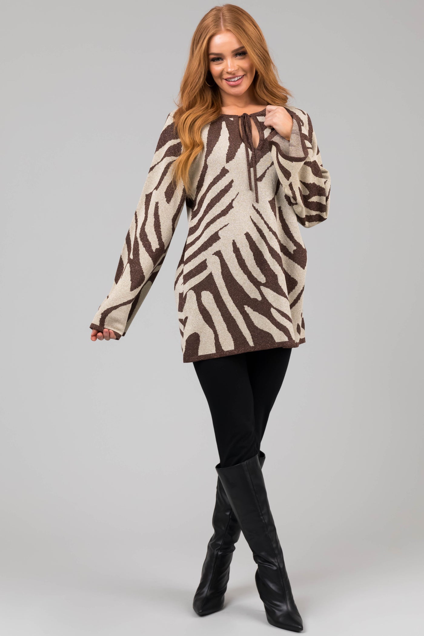 Flying Tomato Cocoa Printed Metallic Knit Sweater