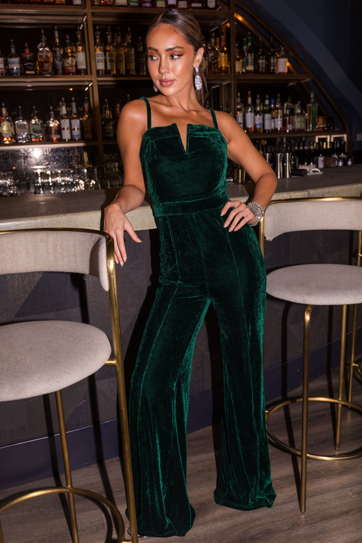 Flying Tomato Forest Split Neck Flare Leg Velvet Jumpsuit