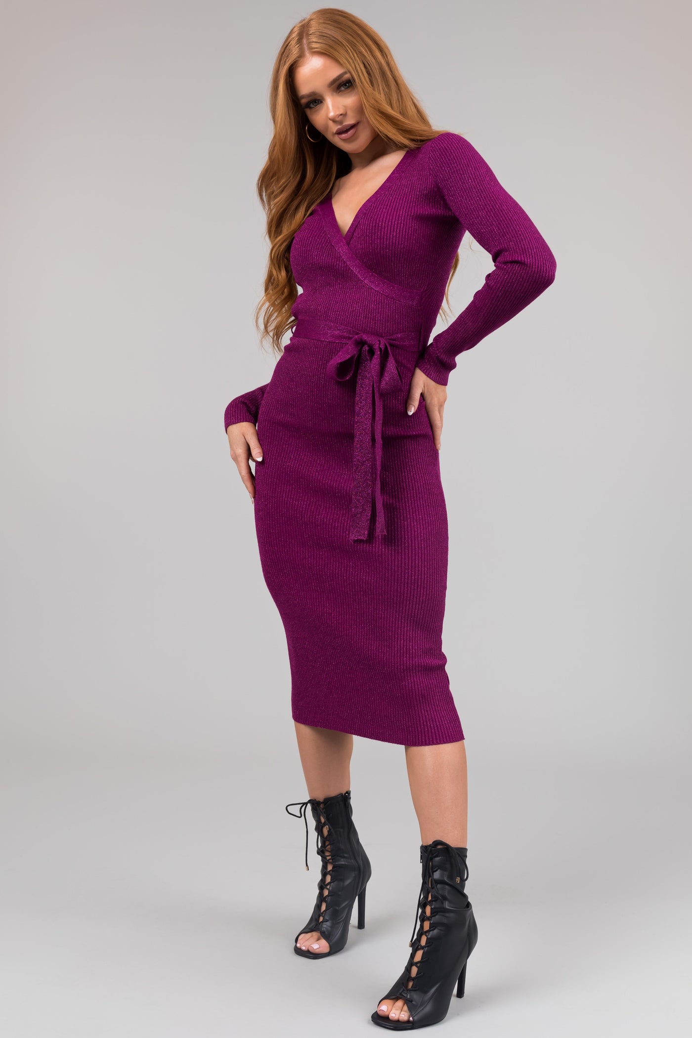 Flying Tomato Fuchsia Metallic Threaded Surplice Bodycon Dress