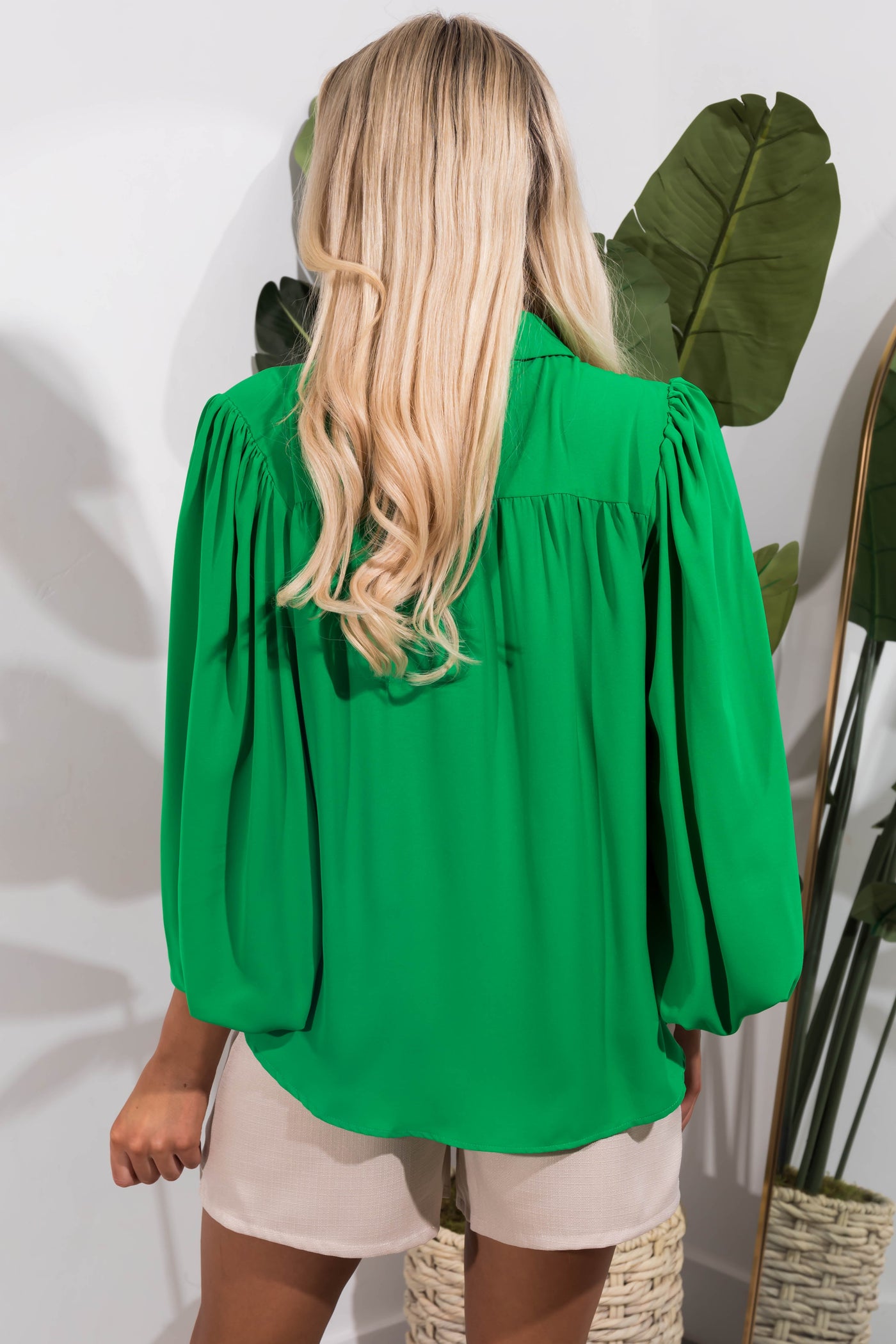 Flying Tomato Jade Bubble Sleeve Button Blouse
