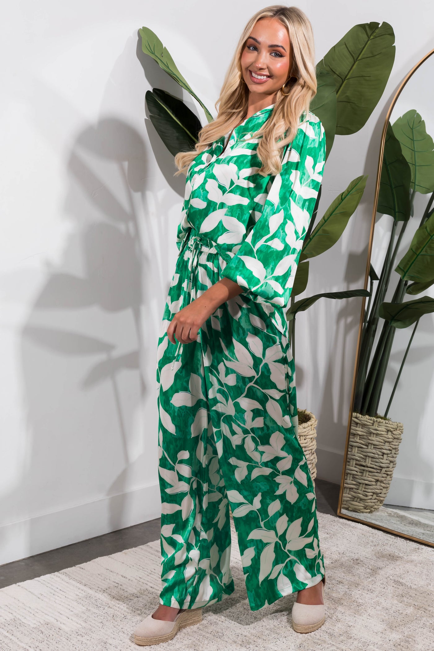 Flying Tomato Jade Leaf Print Satin Pants