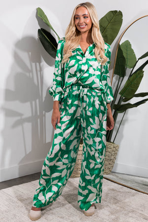Flying Tomato Jade Leaf Print Satin Pants