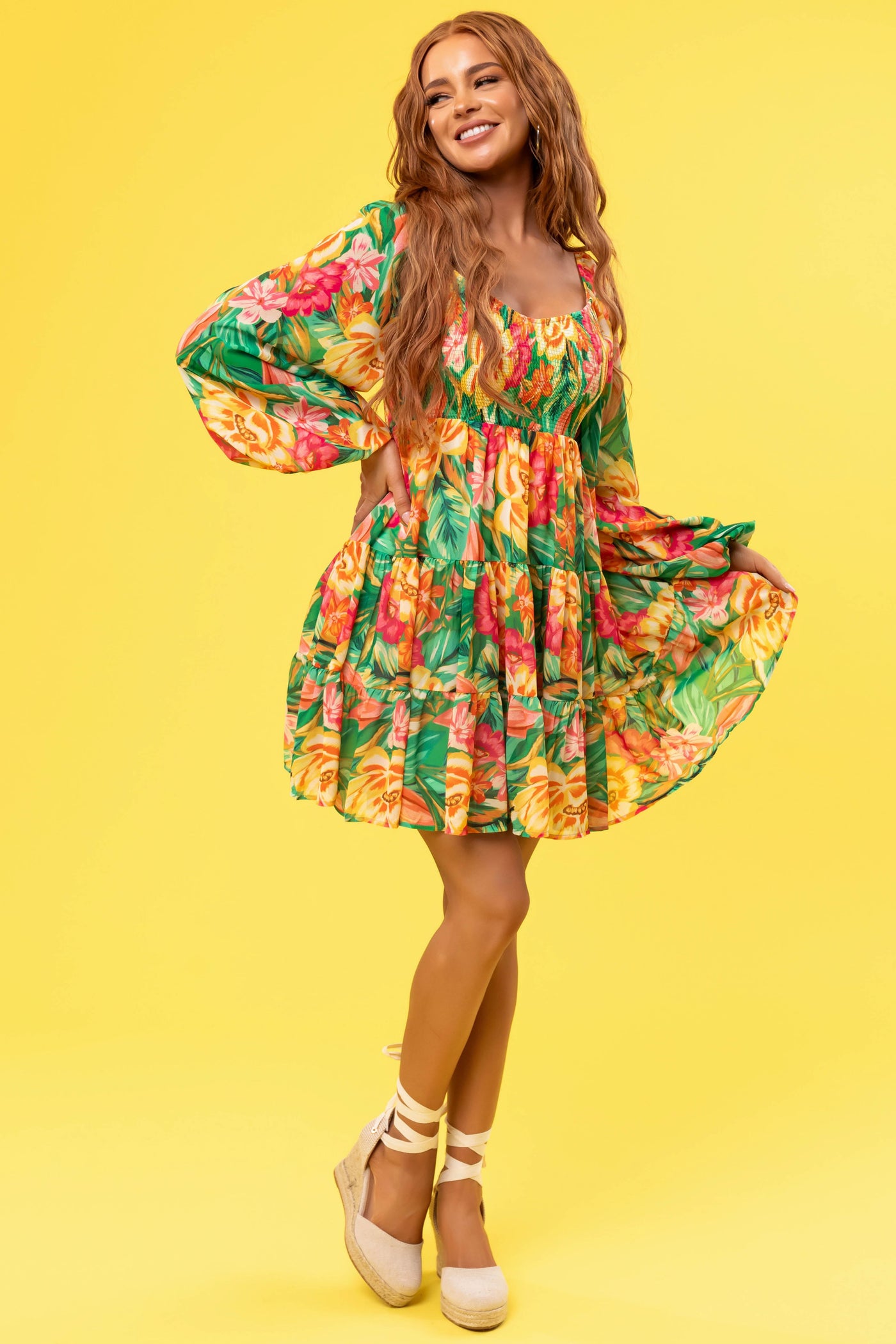 Flying Tomato Jade Tropical Print Short Dress