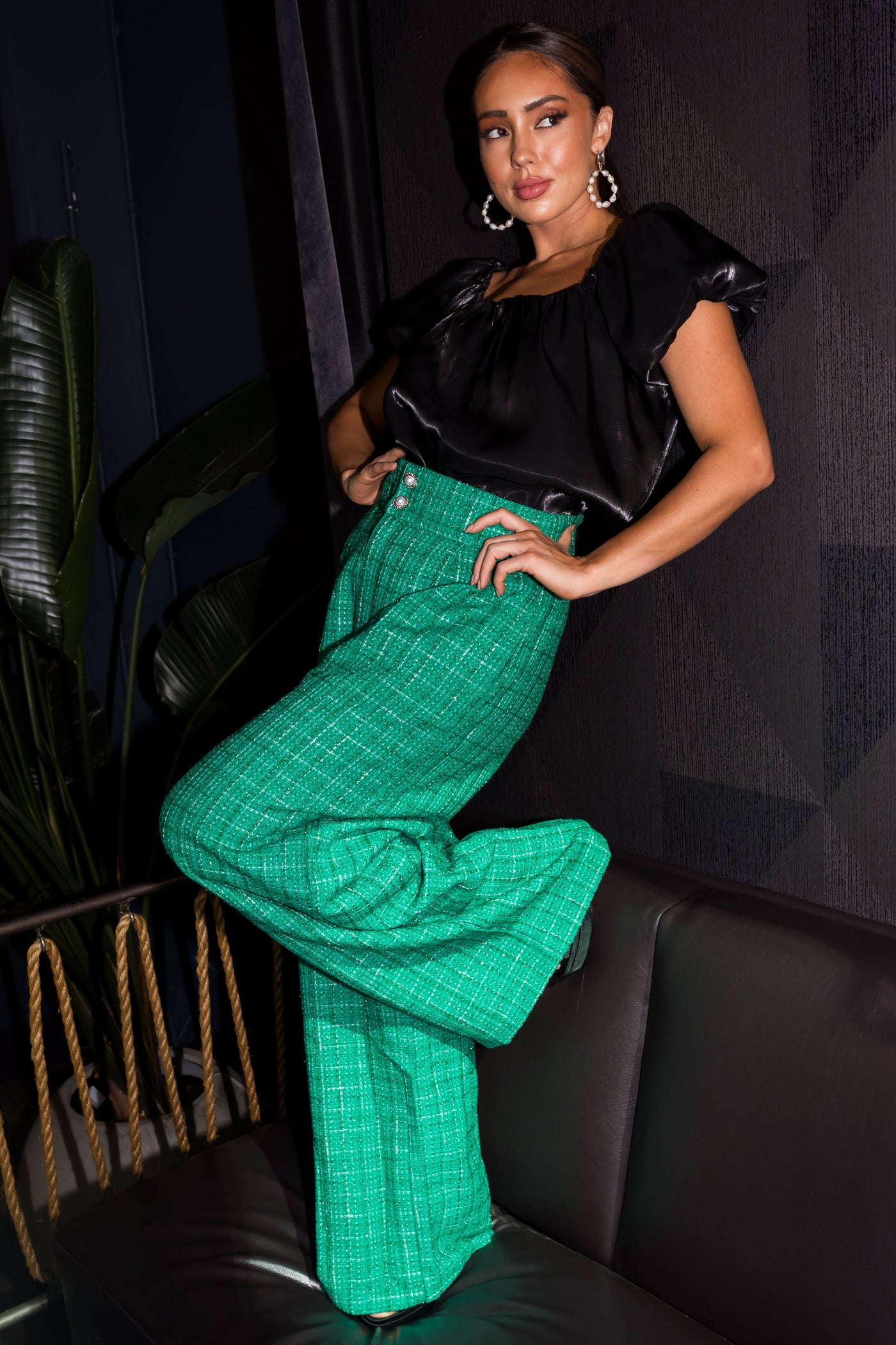 Flying Tomato Jade Wide Leg Tweed Pants