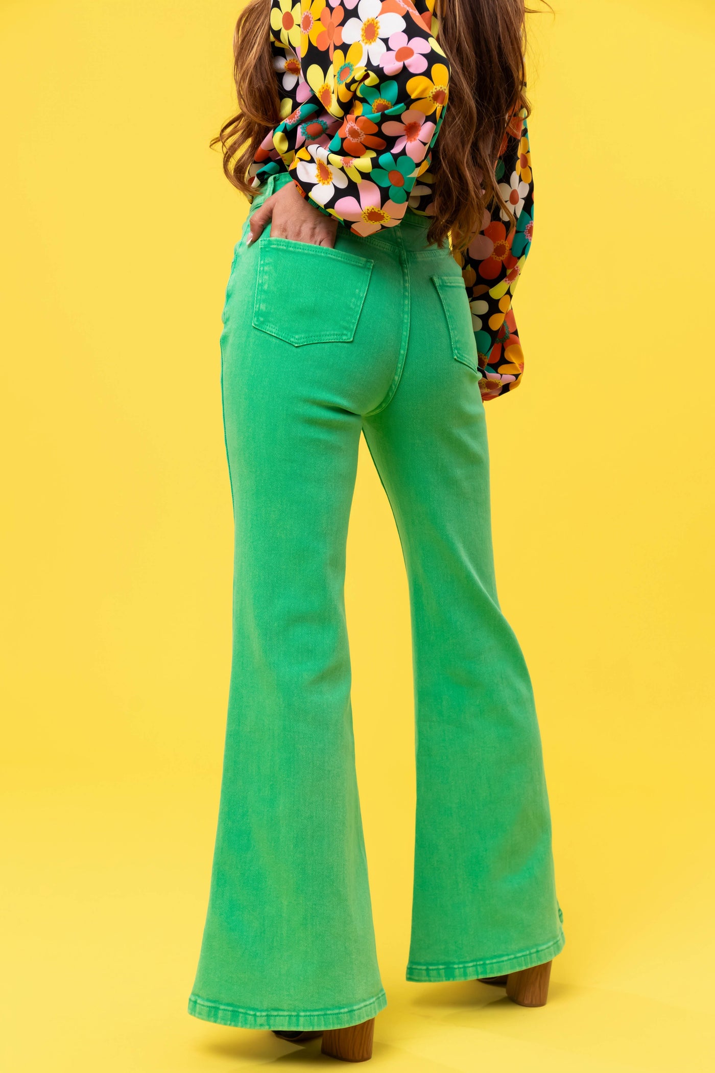 Flying Tomato Kelly Green Washed Flare Jeans