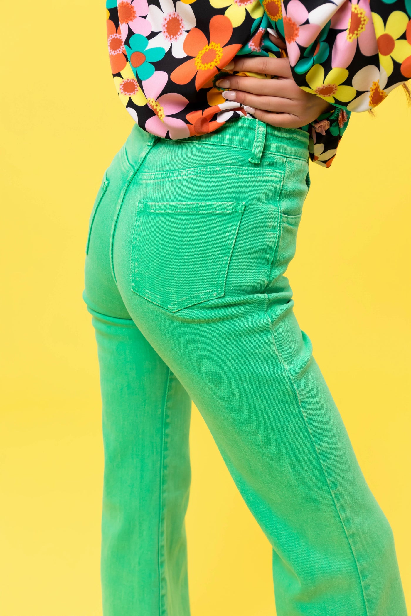 Flying Tomato Kelly Green Washed Flare Jeans