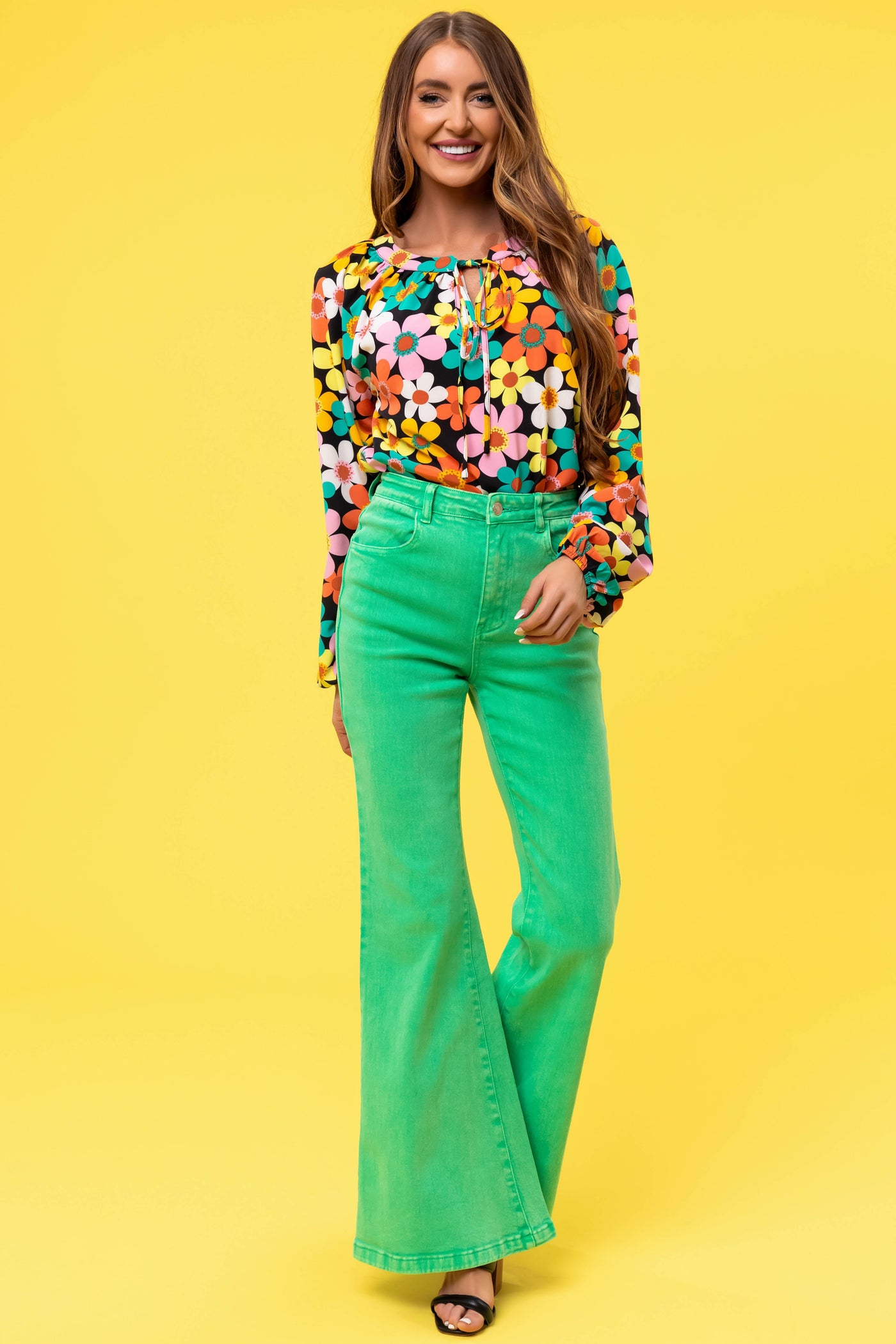 Flying Tomato Kelly Green Washed Flare Jeans