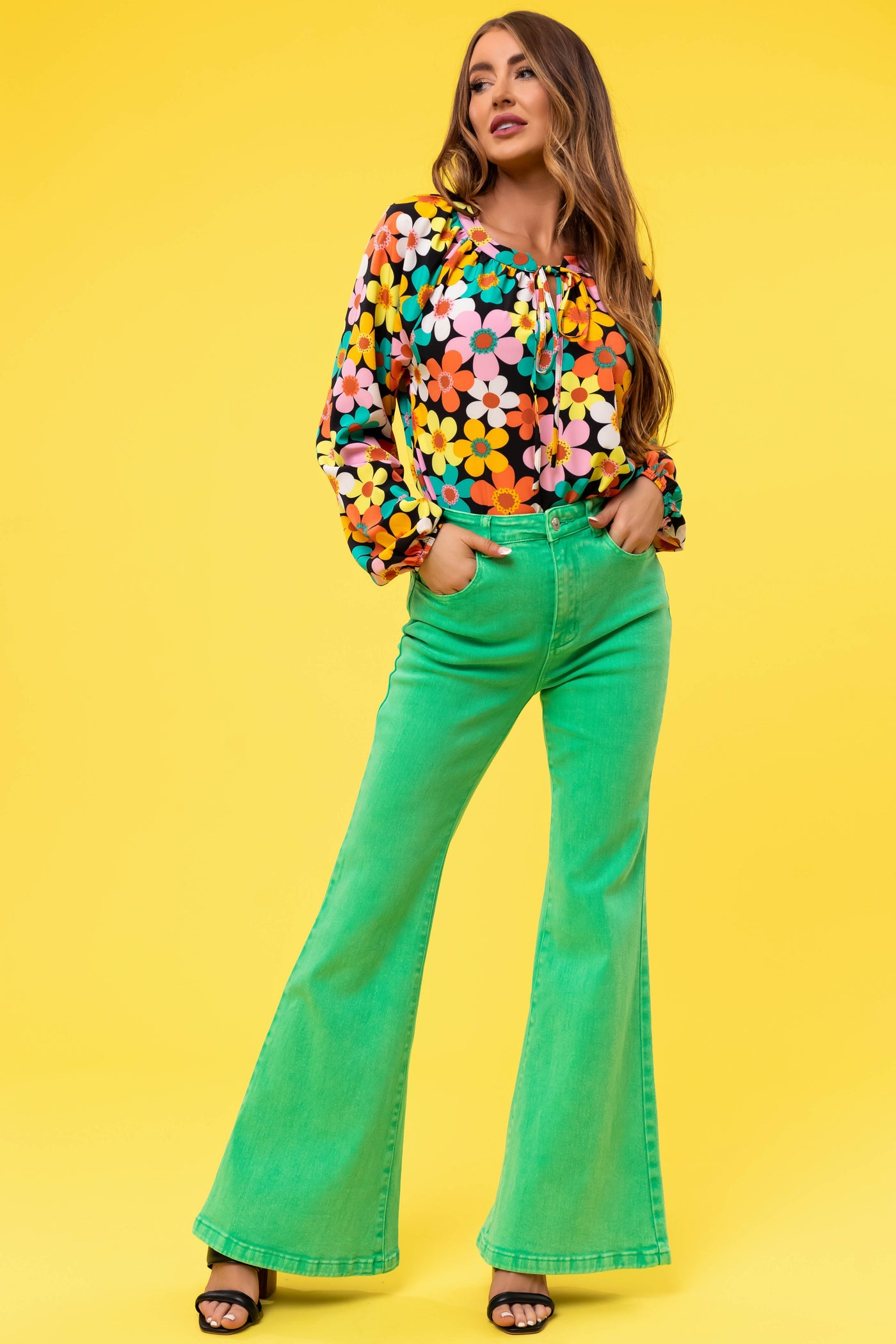 Flying Tomato Kelly Green Washed Flare Jeans