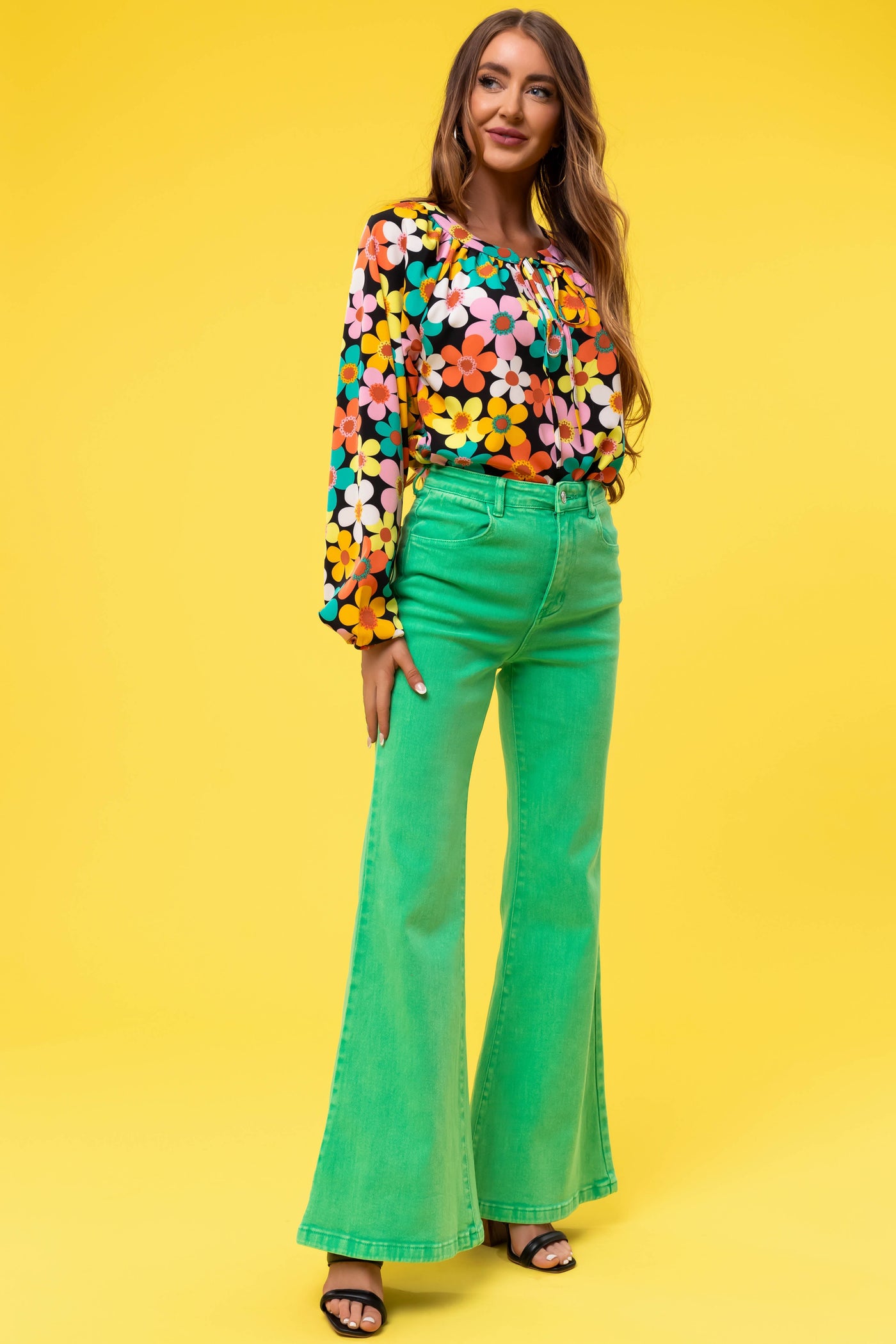 Flying Tomato Kelly Green Washed Flare Jeans