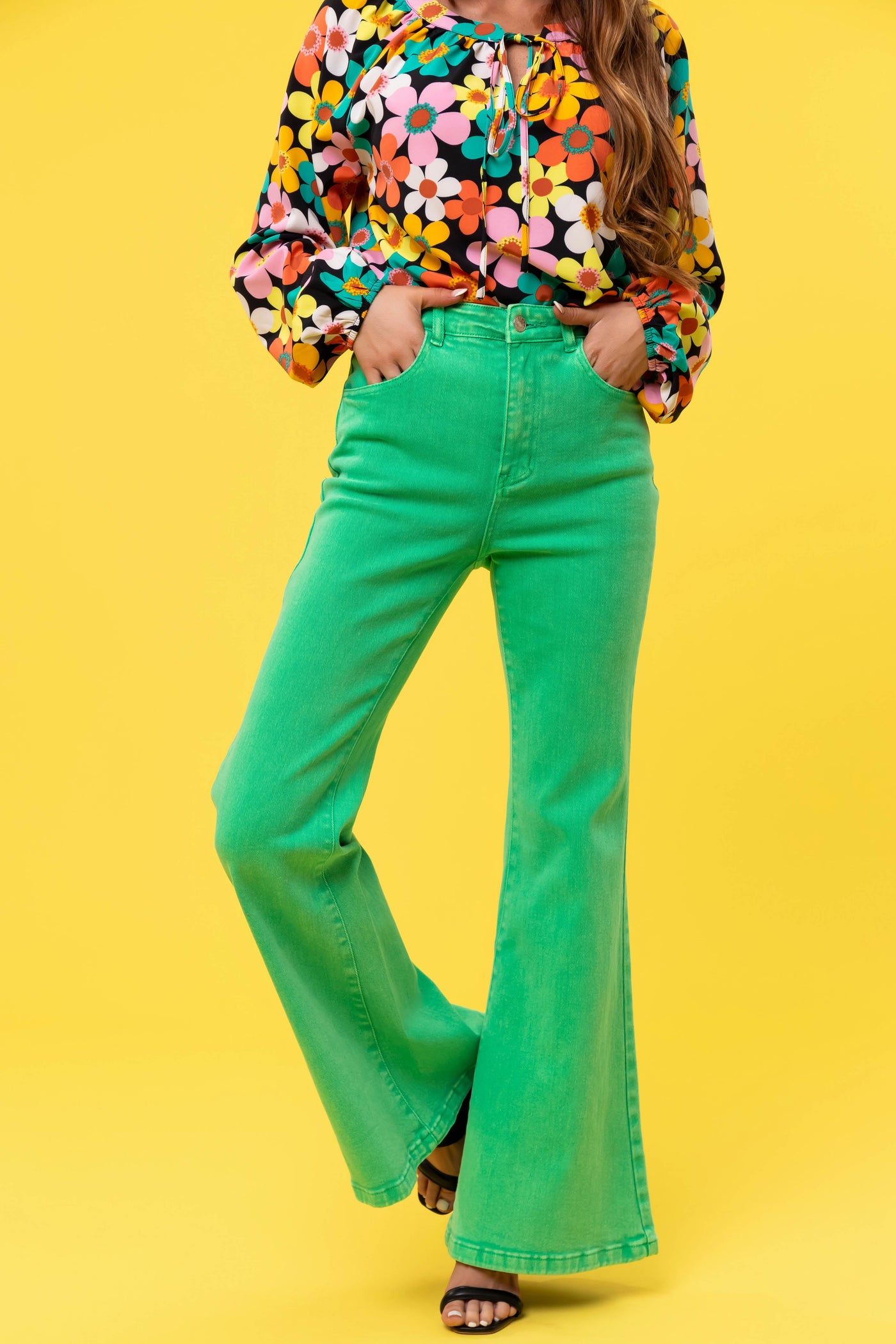 Flying Tomato Kelly Green Washed Flare Jeans