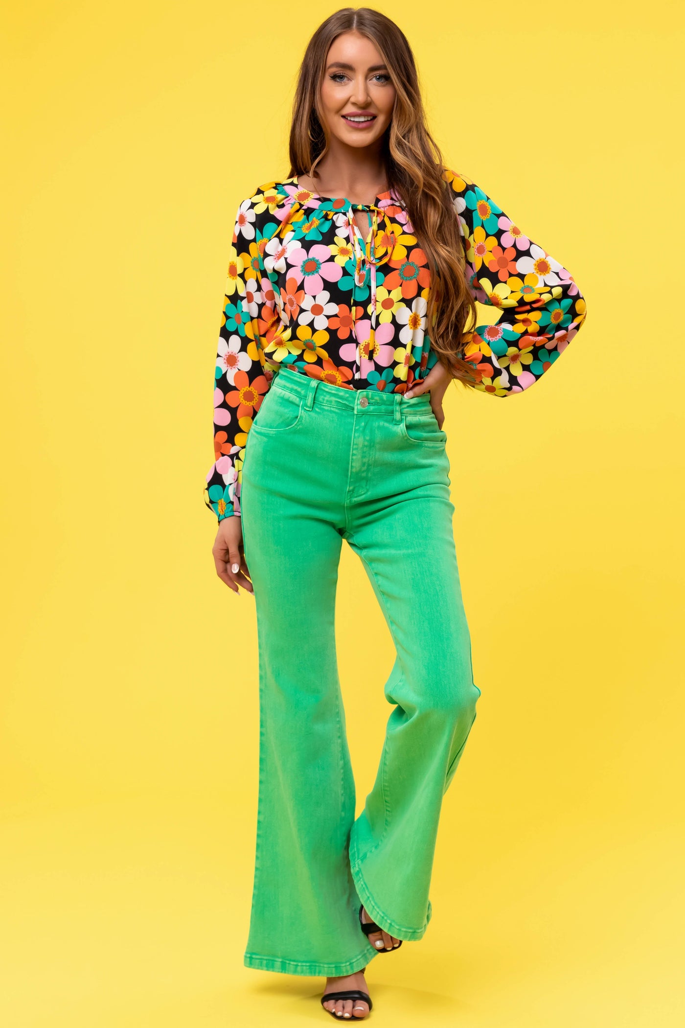 Flying Tomato Kelly Green Washed Flare Jeans