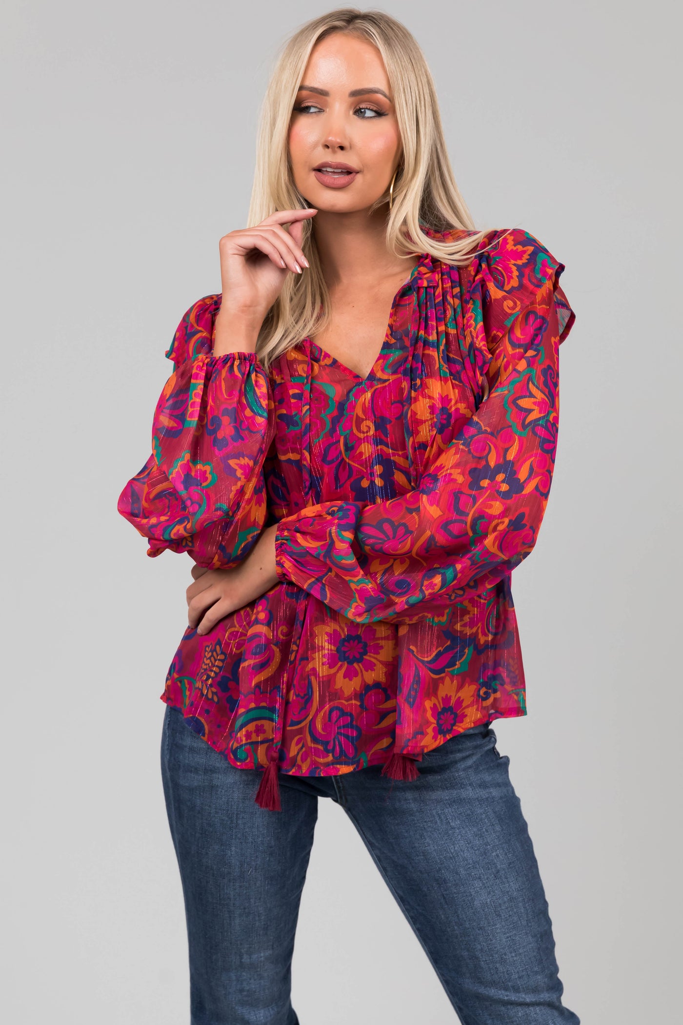 Flying Tomato Magenta Floral Print Ruffle Blouse