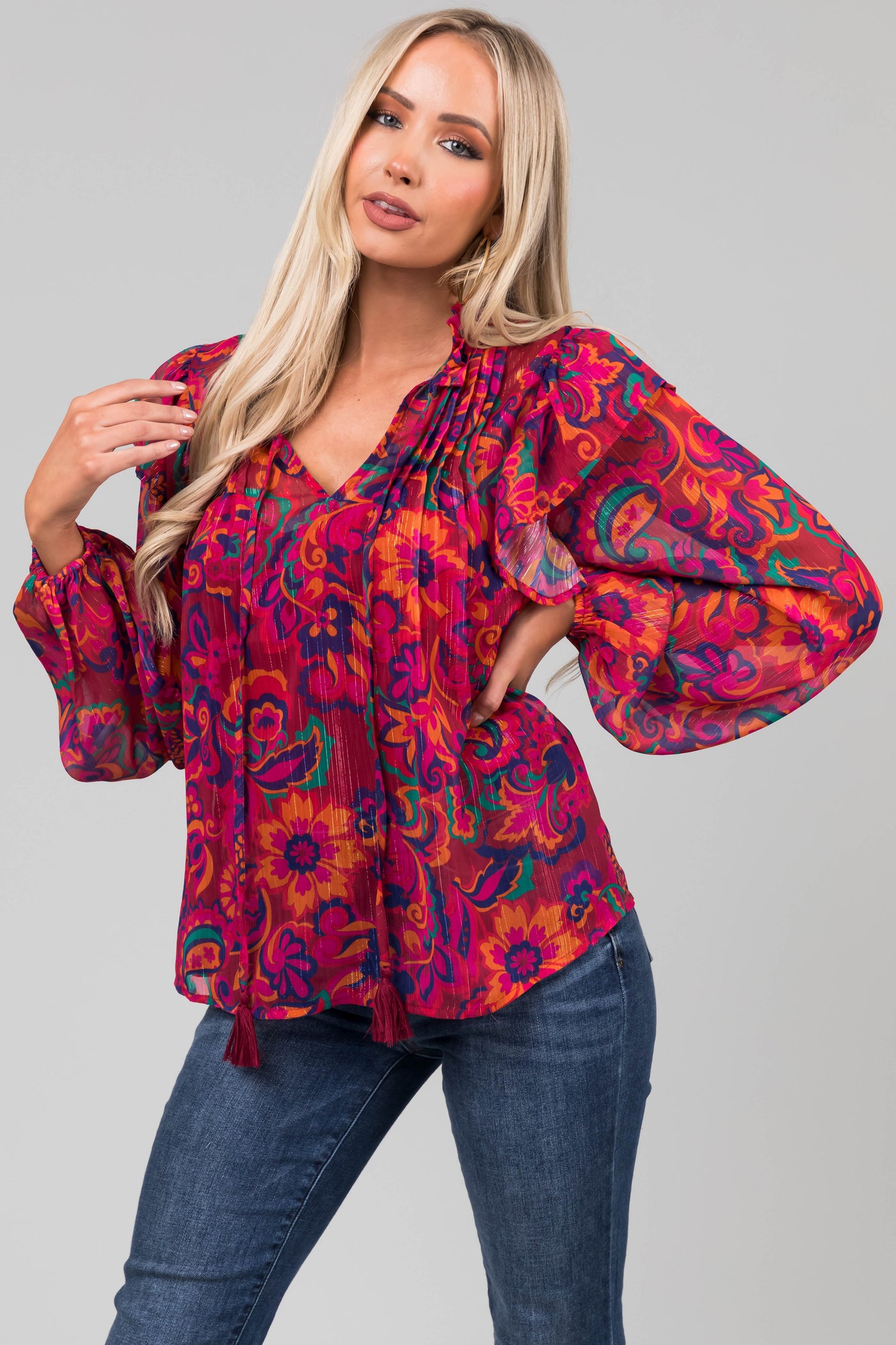 Flying Tomato Magenta Floral Print Ruffle Blouse