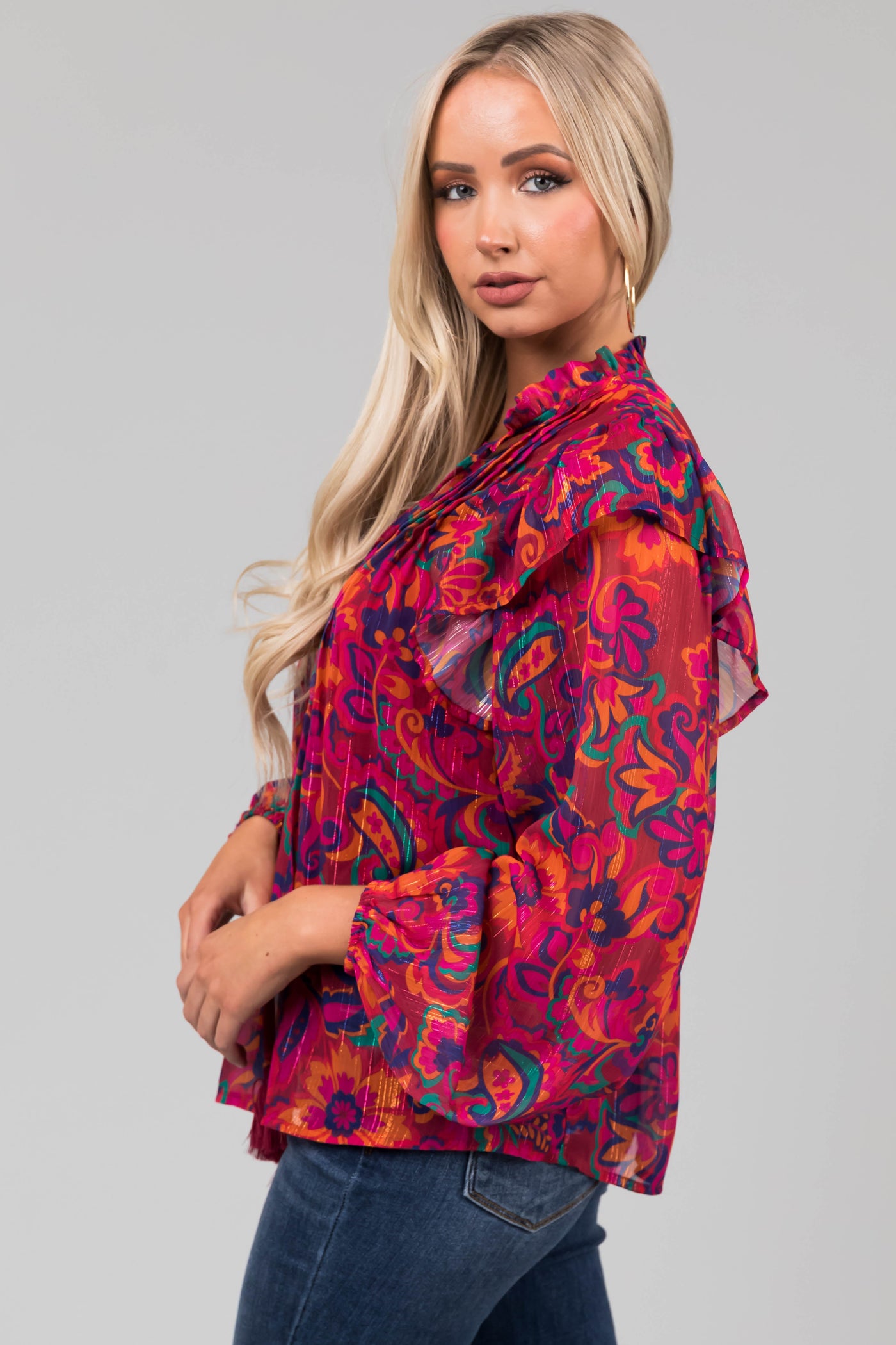 Flying Tomato Magenta Floral Print Ruffle Blouse