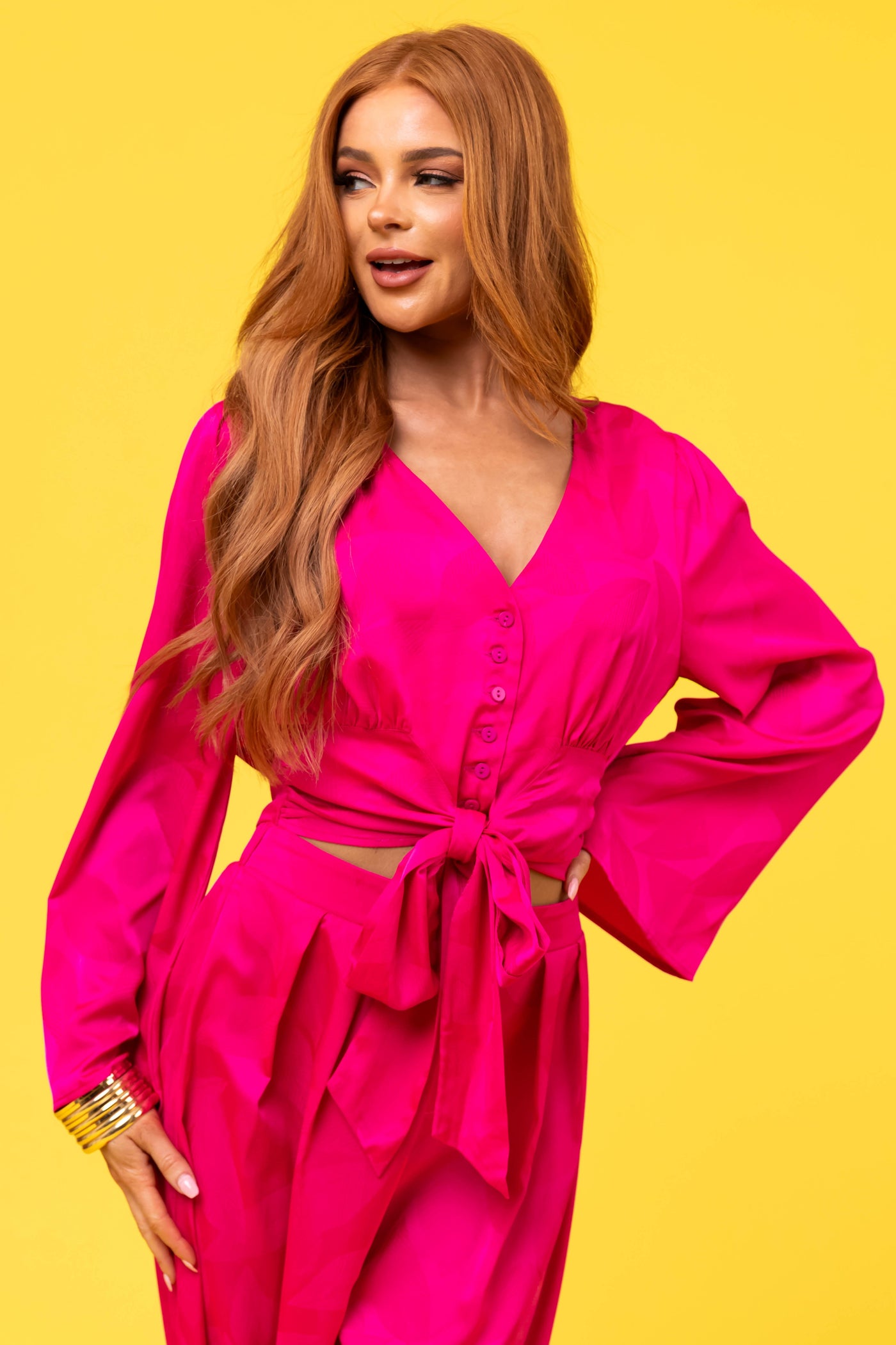 Flying Tomato Magenta Leaf Texture Bell Sleeve Top