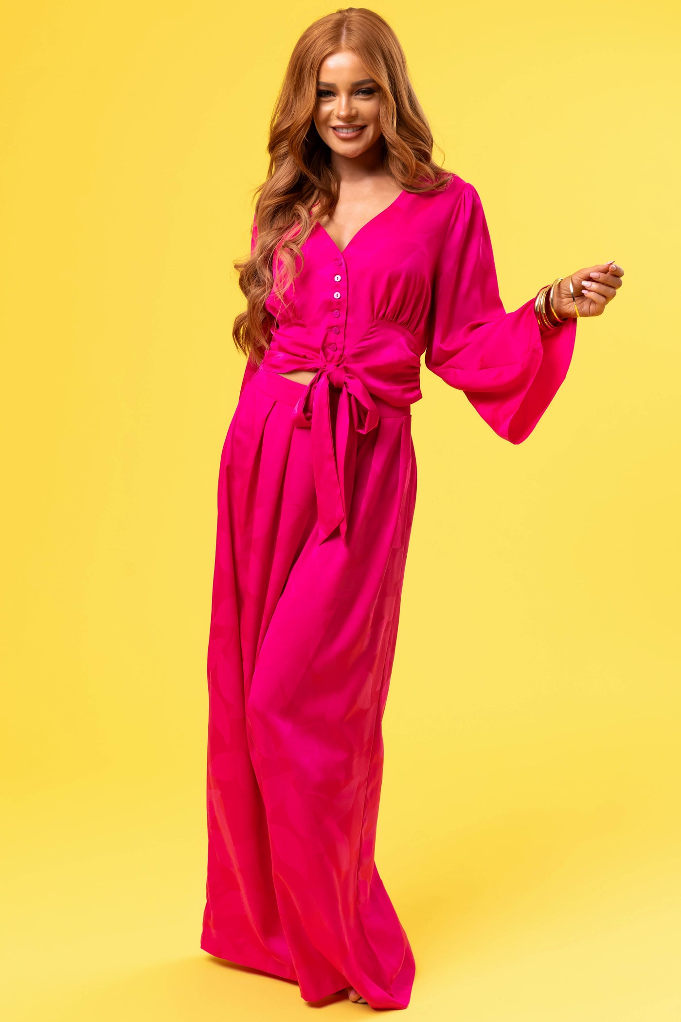 Flying Tomato Magenta Leaf Texture Wide Leg Pants