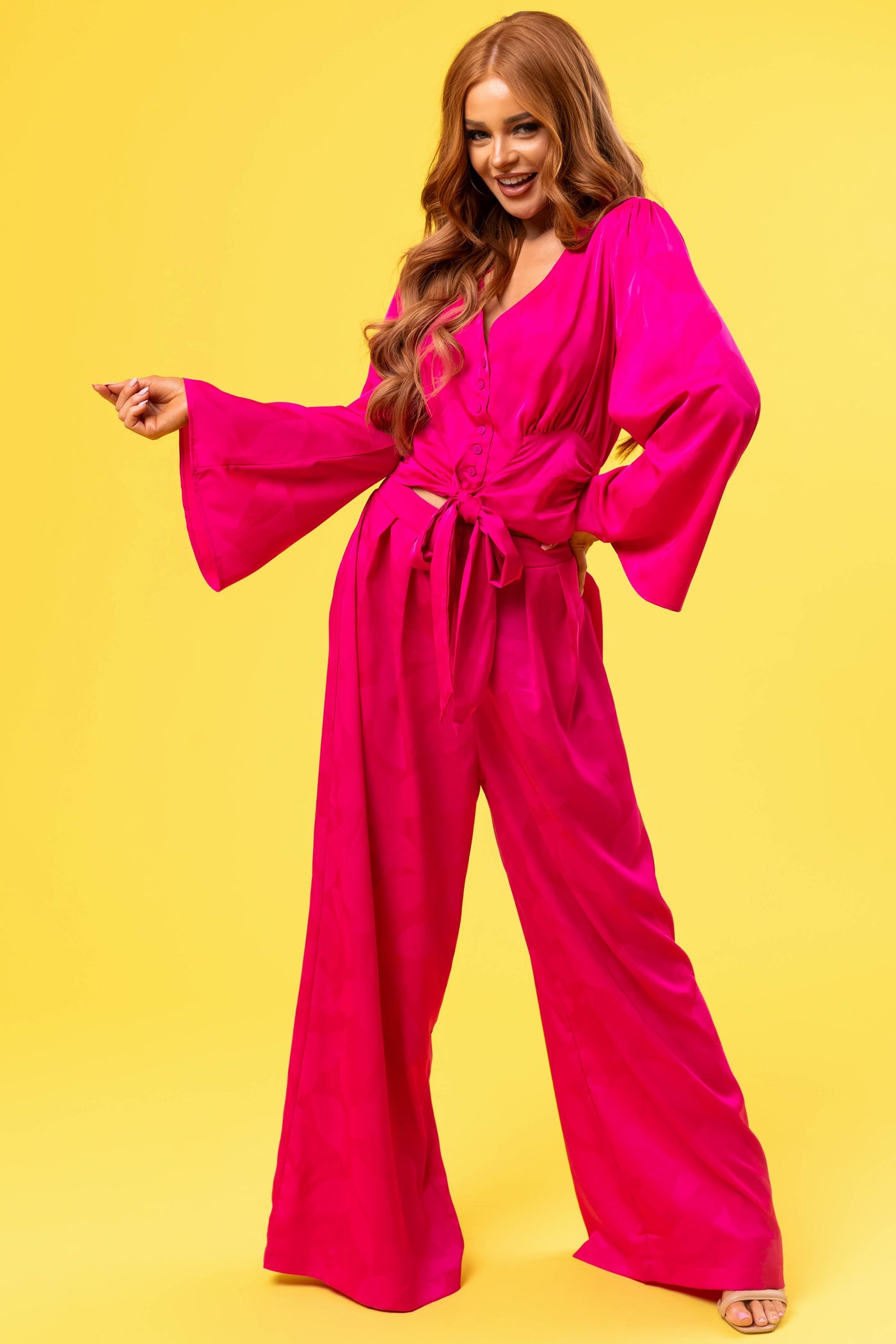 Flying Tomato Magenta Leaf Texture Wide Leg Pants