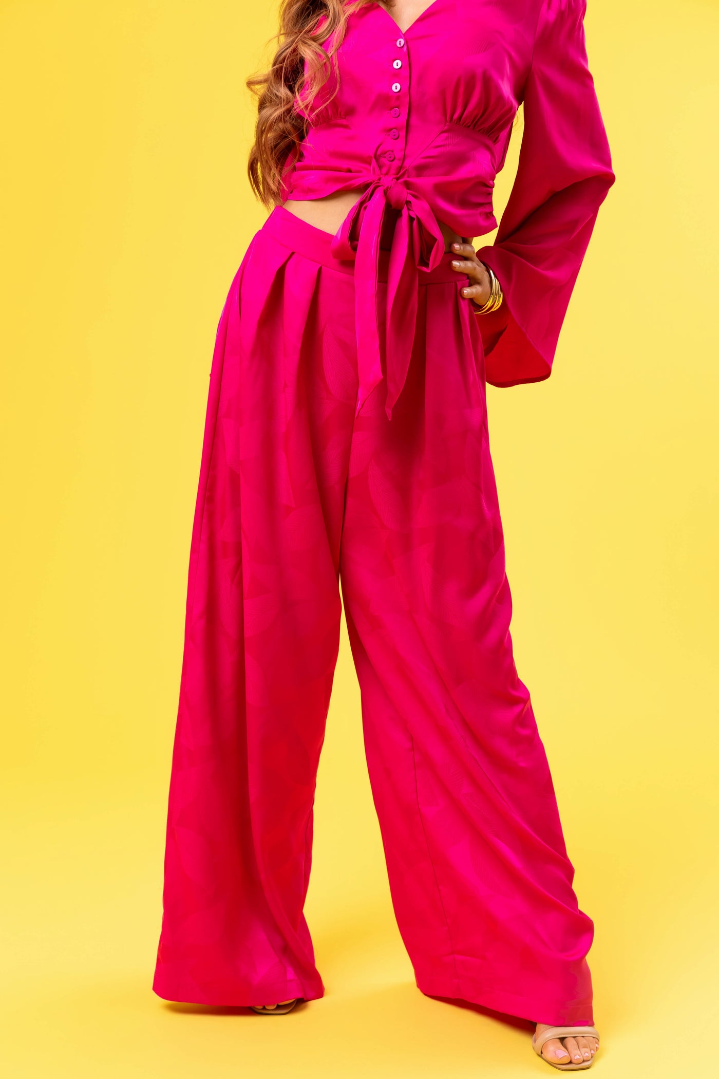 Flying Tomato Magenta Leaf Texture Wide Leg Pants