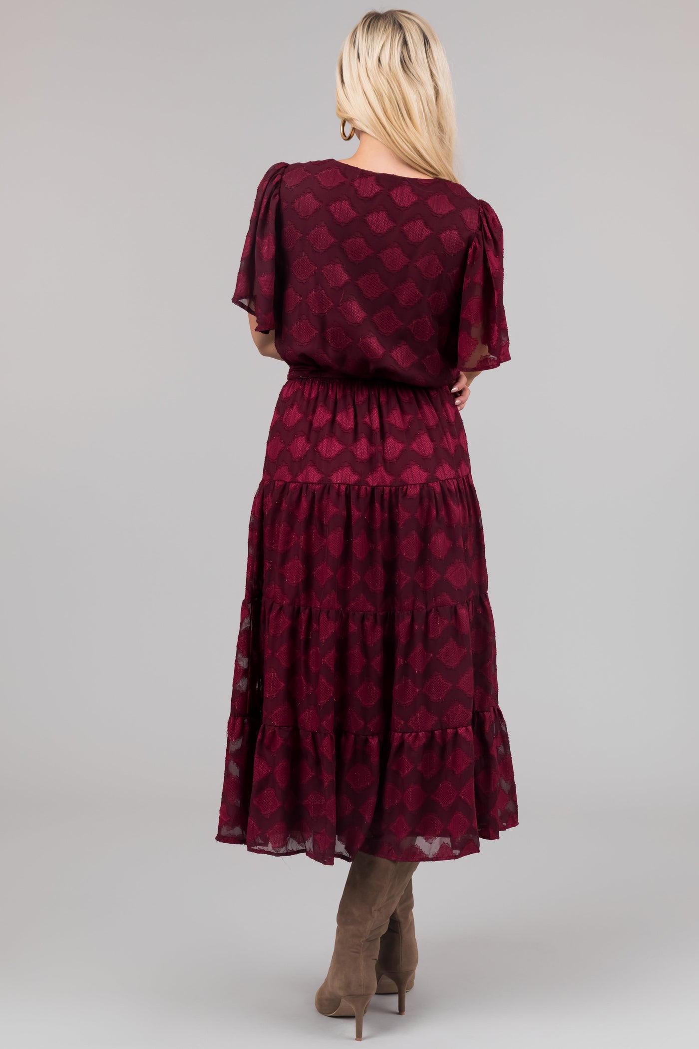 Flying Tomato Maroon Flutter Sleeve Textured Dress