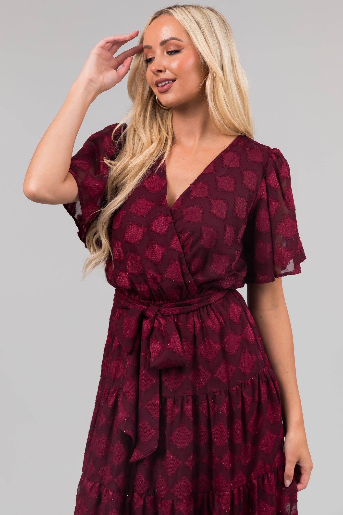 Flying Tomato Maroon Flutter Sleeve Textured Dress