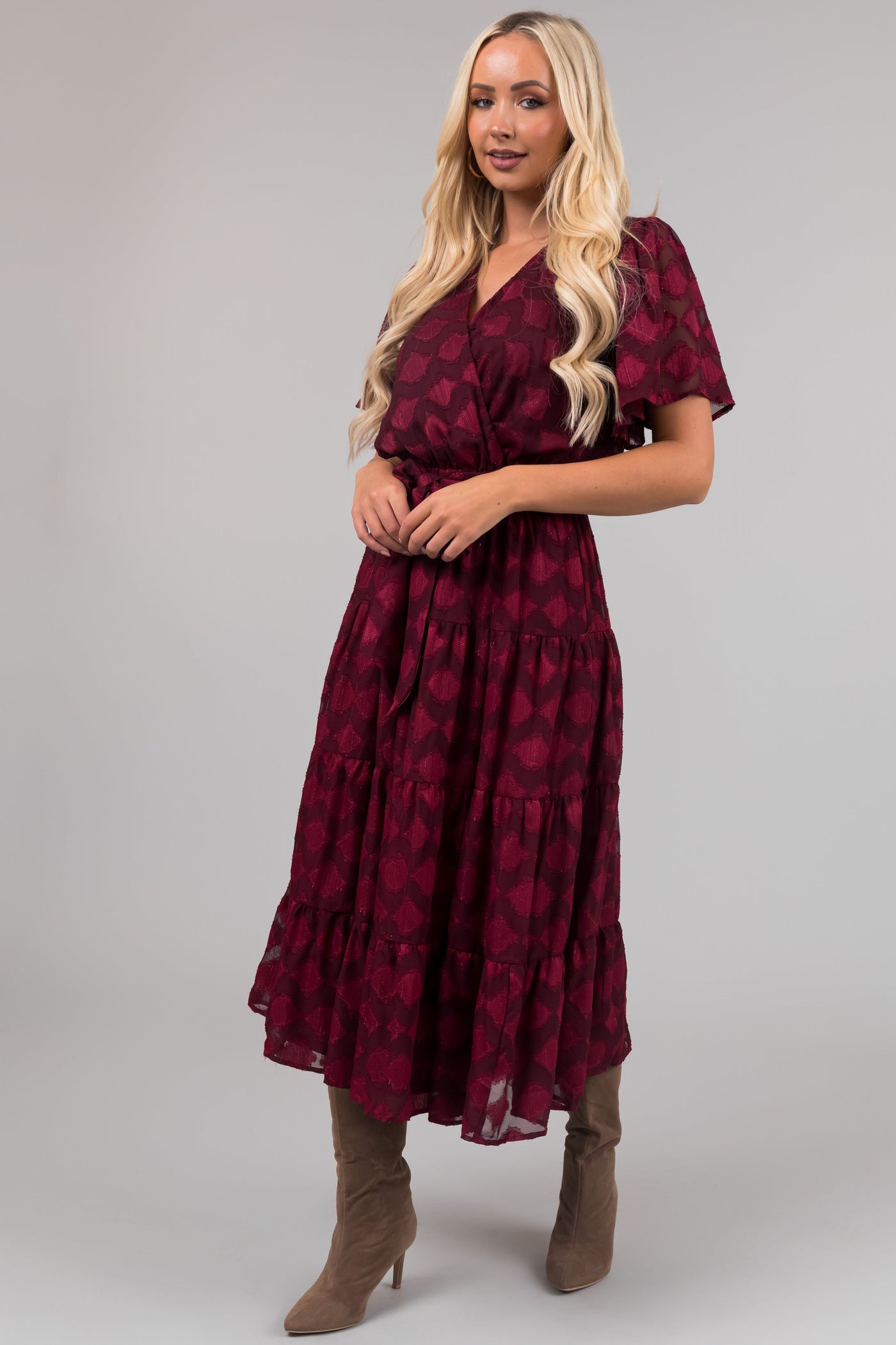 Flying Tomato Maroon Flutter Sleeve Textured Dress