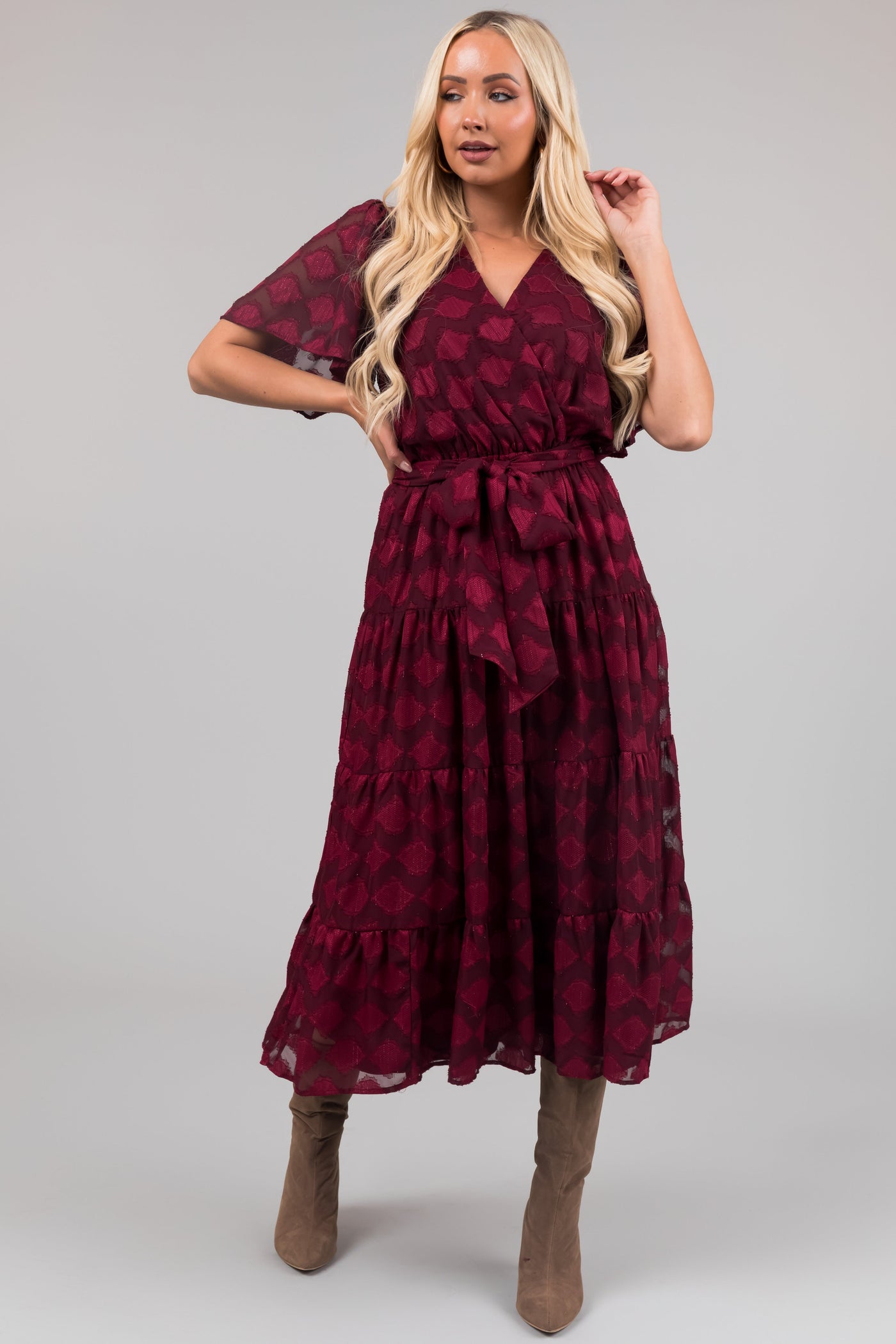 Flying Tomato Maroon Flutter Sleeve Textured Dress