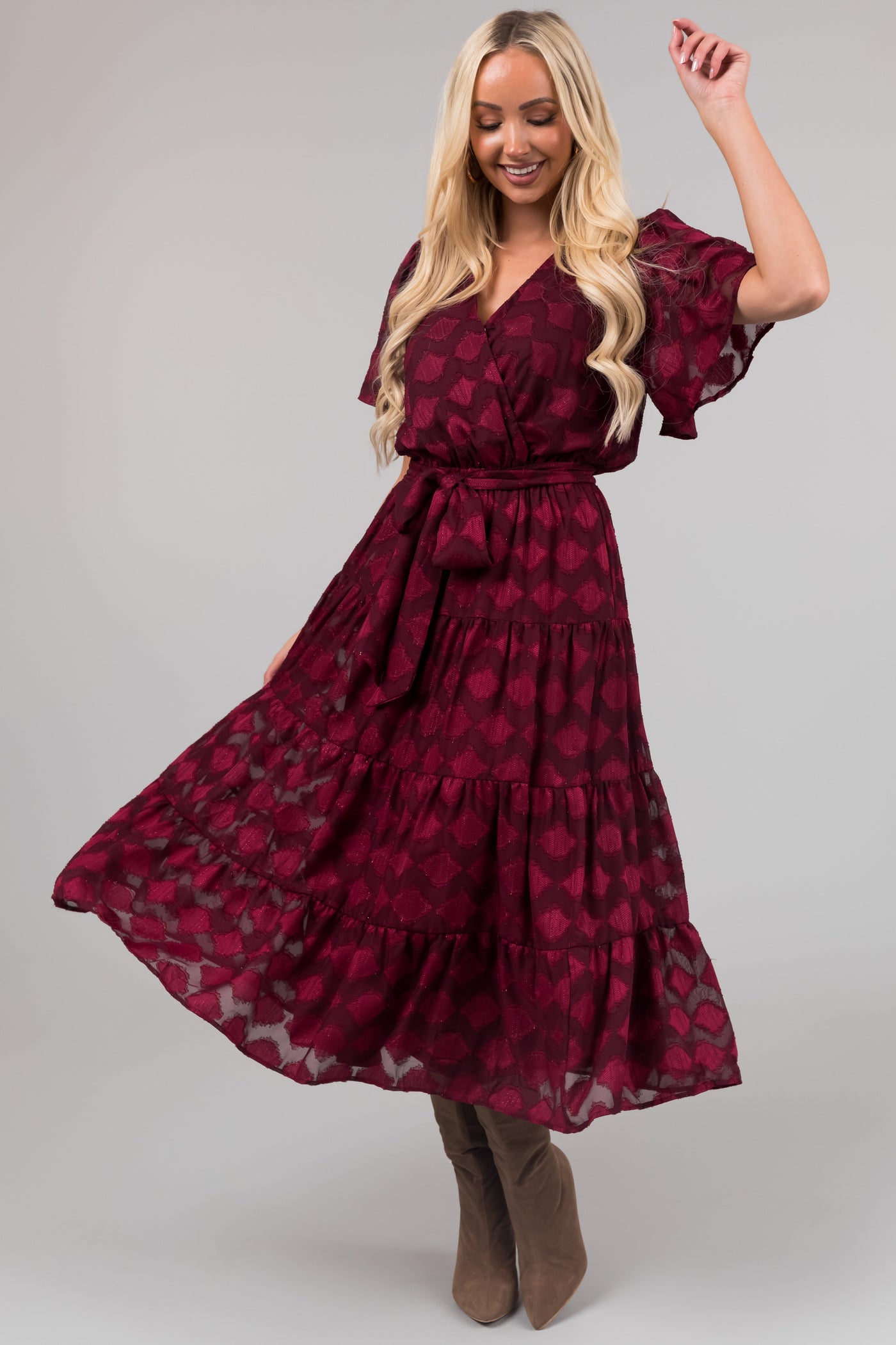 Flying Tomato Maroon Flutter Sleeve Textured Dress