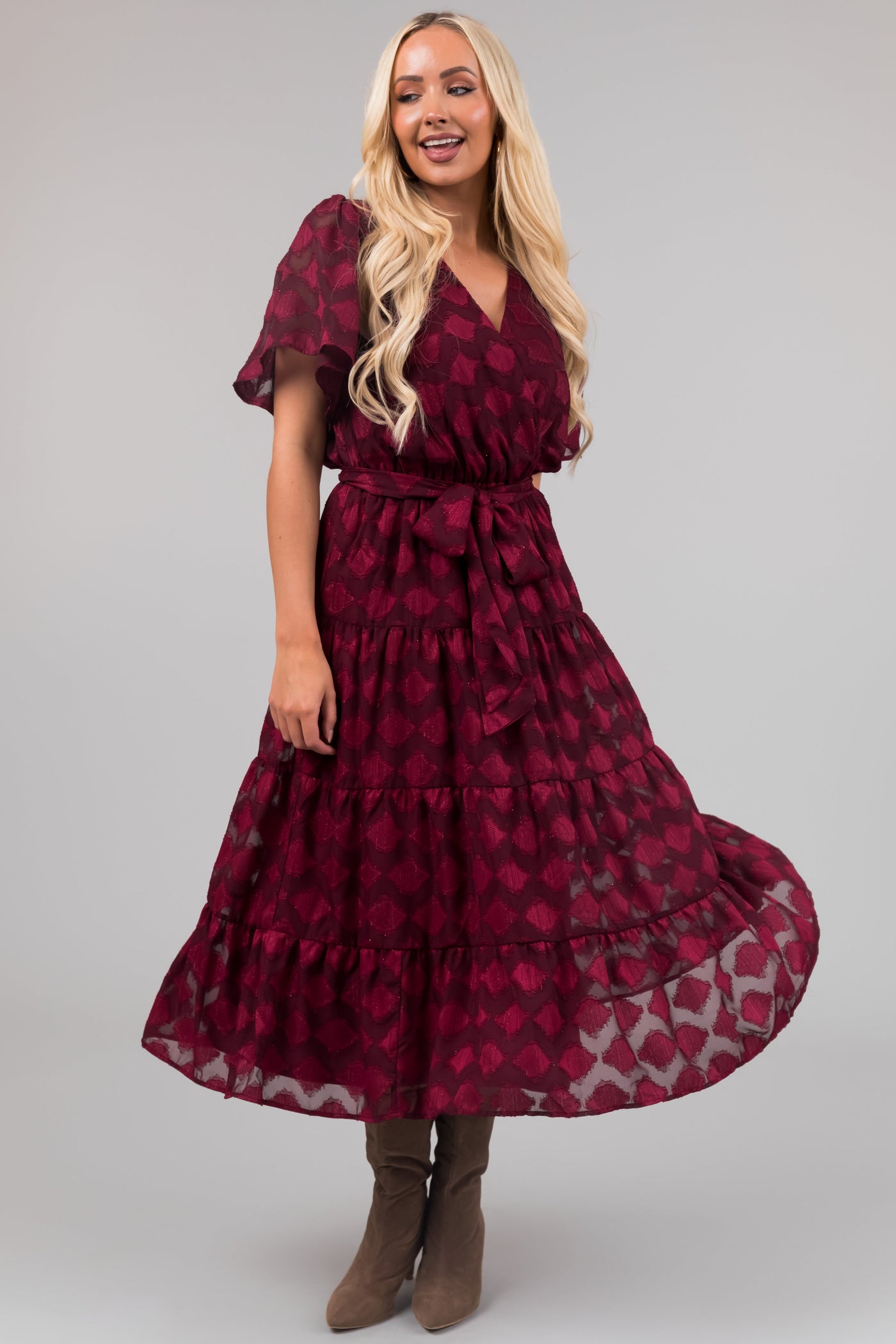 Flying Tomato Maroon Flutter Sleeve Textured Dress