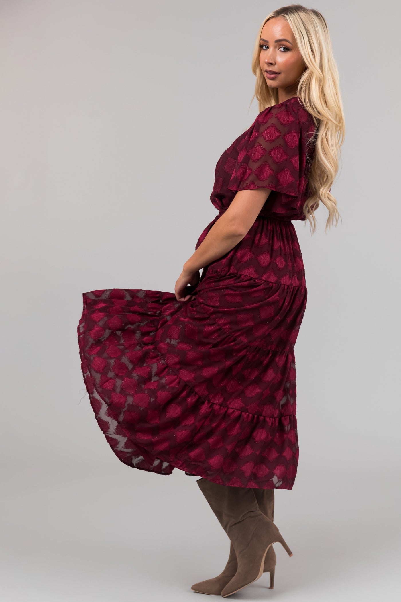 Flying Tomato Maroon Flutter Sleeve Textured Dress