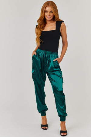 Forest Green Satin Cargo Pocket Smocked Jogger Pants