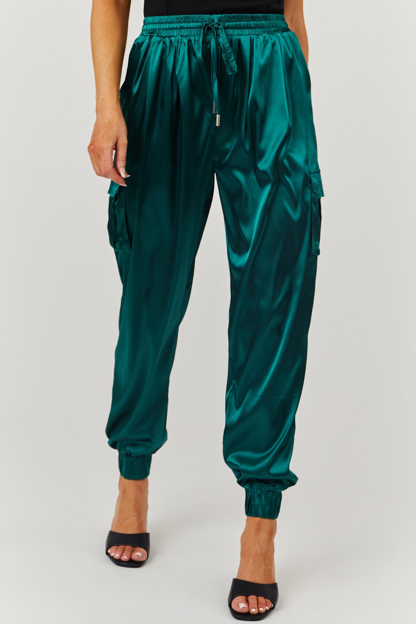 Forest Green Satin Cargo Pocket Smocked Jogger Pants