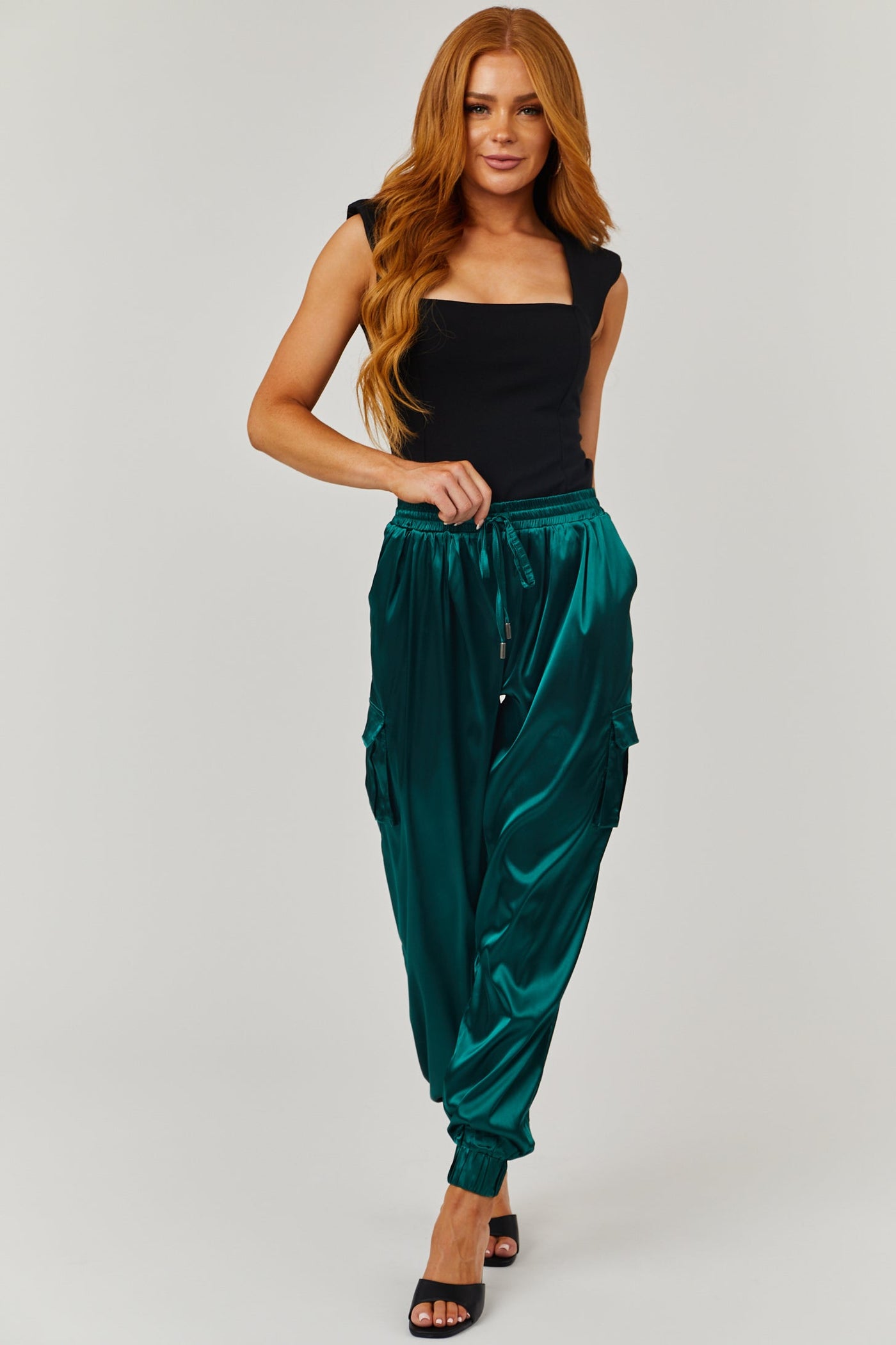 Forest Green Satin Cargo Pocket Smocked Jogger Pants